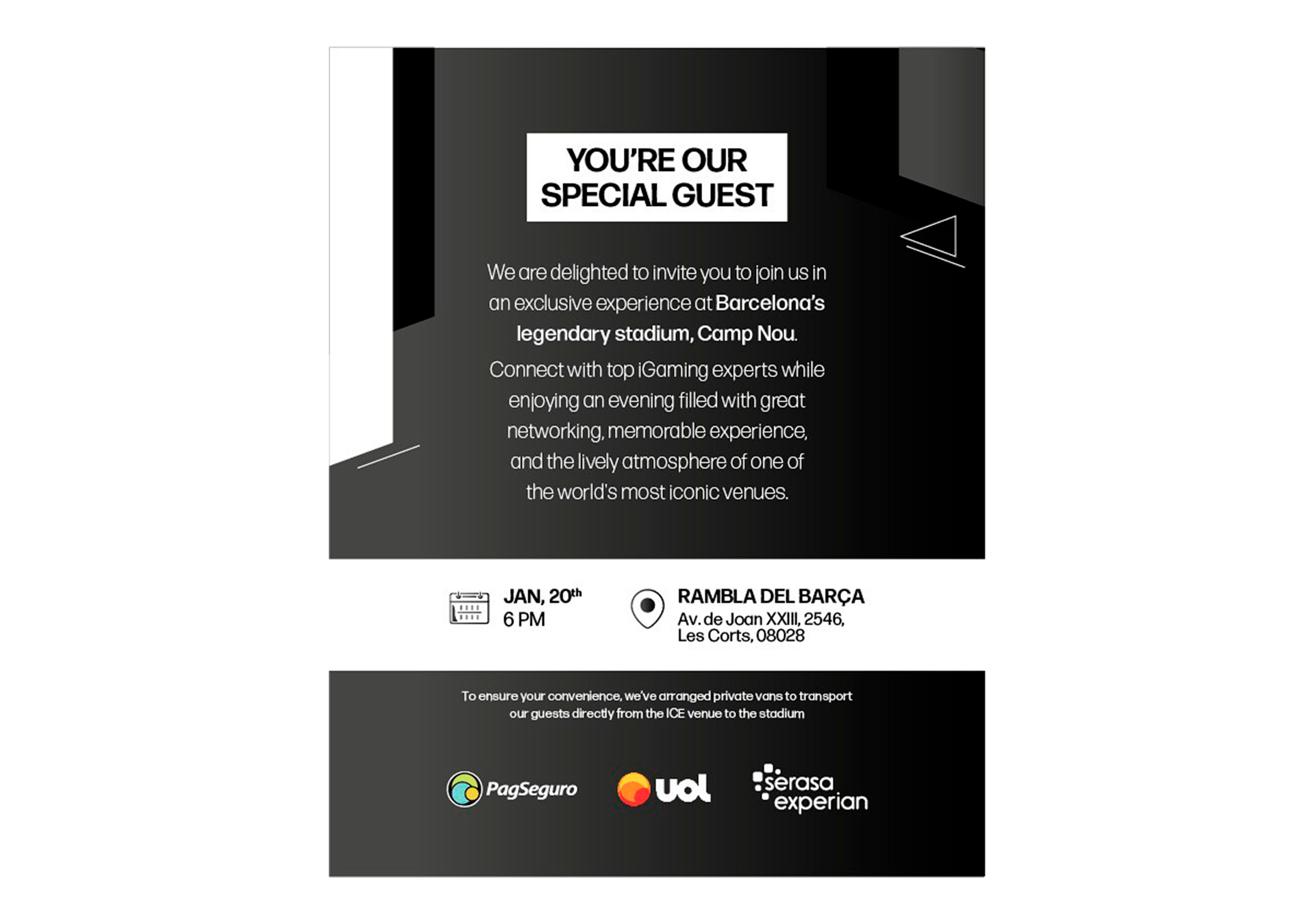 Convite para evento exclusivo em Barcelona, estádio Camp Nou. Data: 20 de janeiro, às 18h. Local: Rambla del Barça, Av. de Joan XXIII, 2546, Les Corts, 08028. Inclui transporte privado por vans do local do evento para o estádio. Logotipos de PagSegur