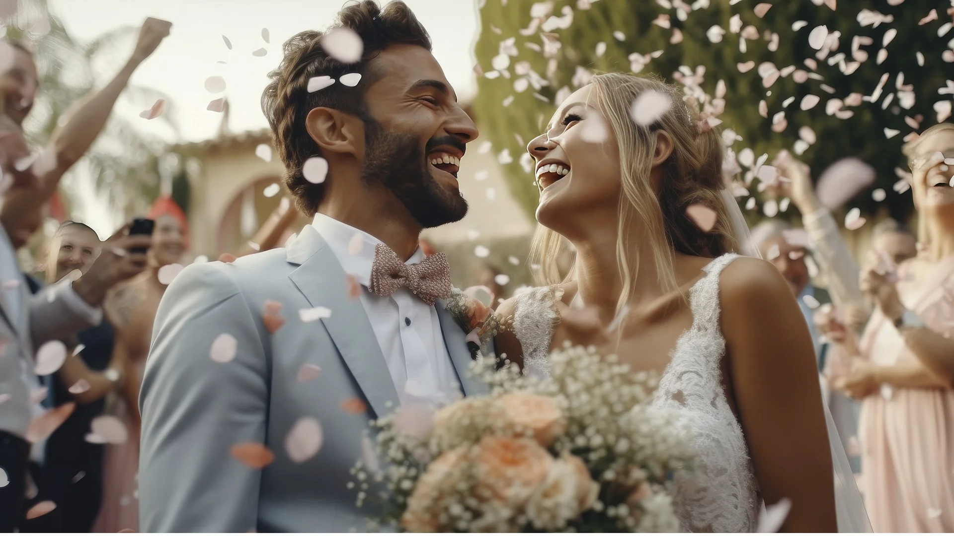 	
RSVP para casamentos, Casal de noivos sorrindo em casamento ao ar livre, com convidados lançando confetes ao fundo.
