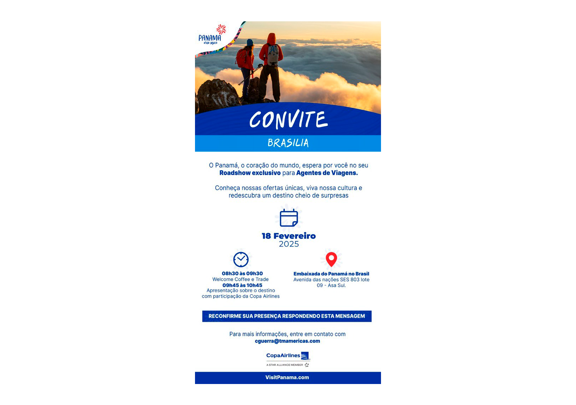 Convite para evento na Brasília em 18 de fevereiro de 2025, com detalhes sobre o local, horário e atividades programadas, incluindo apresentação de destino e contato para confirmação.