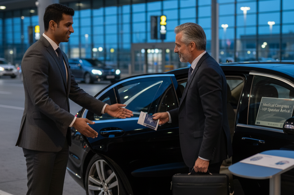 Concierge recebendo executivo VIP em carro de luxo, concierge para eventos corporativos