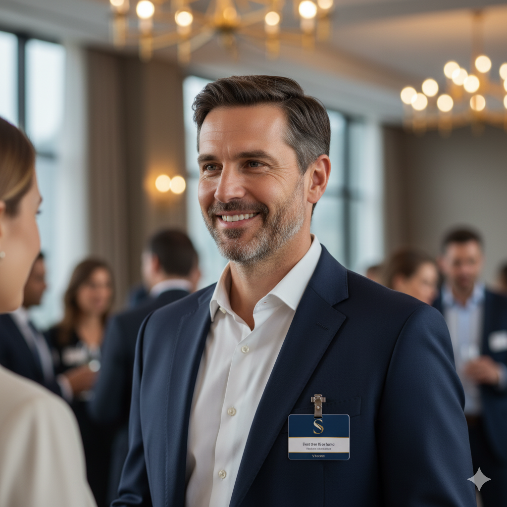 Homem sorridente usando terno em evento social com pessoas ao fundo.