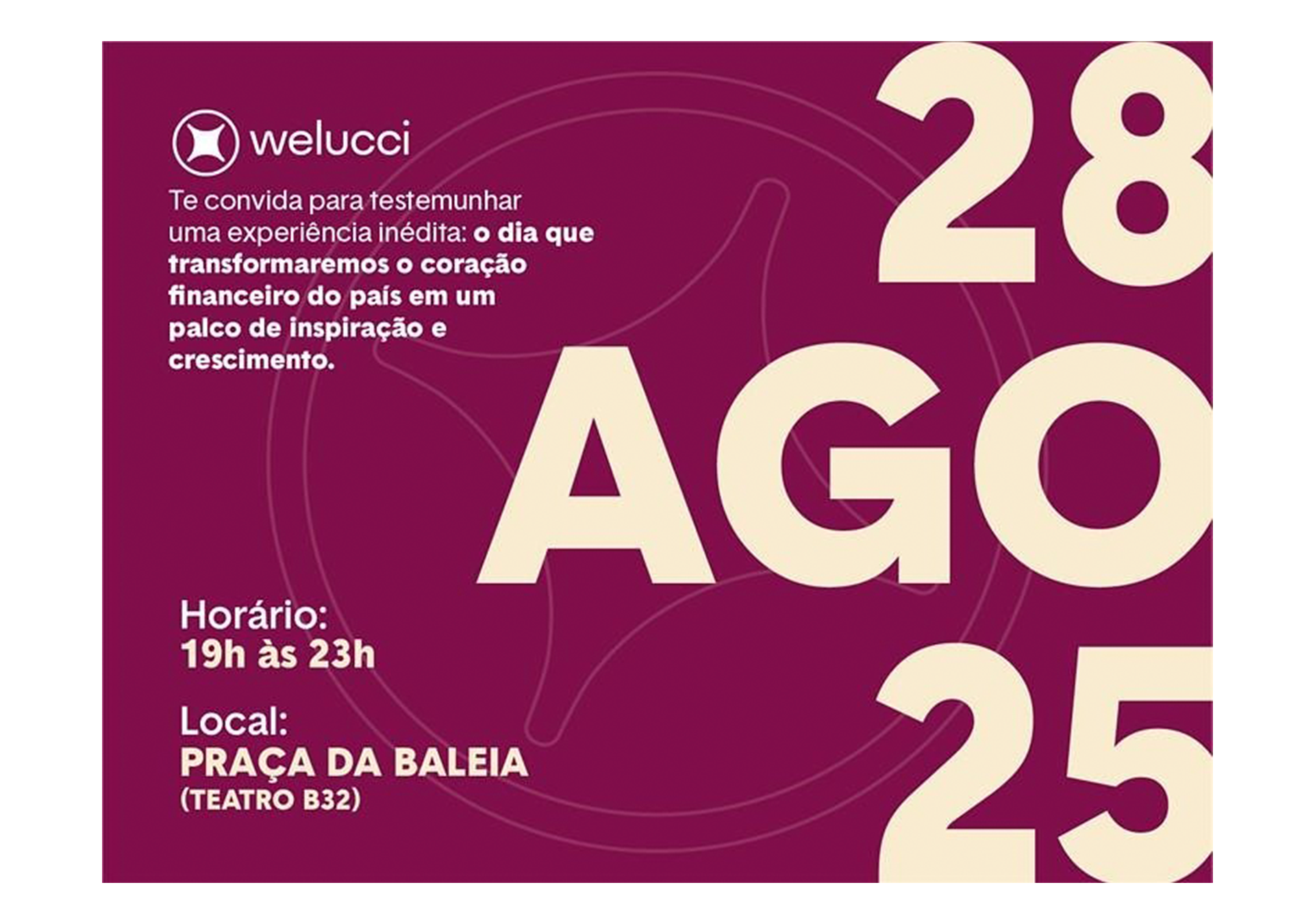Convite para evento em praçava com detalhes de data, horário e local, com fundo roxo e elementos gráficos.