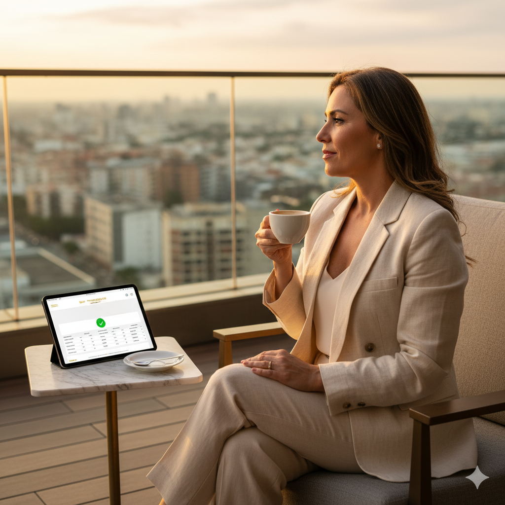 Mulher de cabelo castanho claro vestindo terno bege, sentada em uma varanda com vista para uma cidade ao pôr do sol, segurando uma xícara de café, com um tablet ao lado mostrando uma tela de login ou confirmação.
