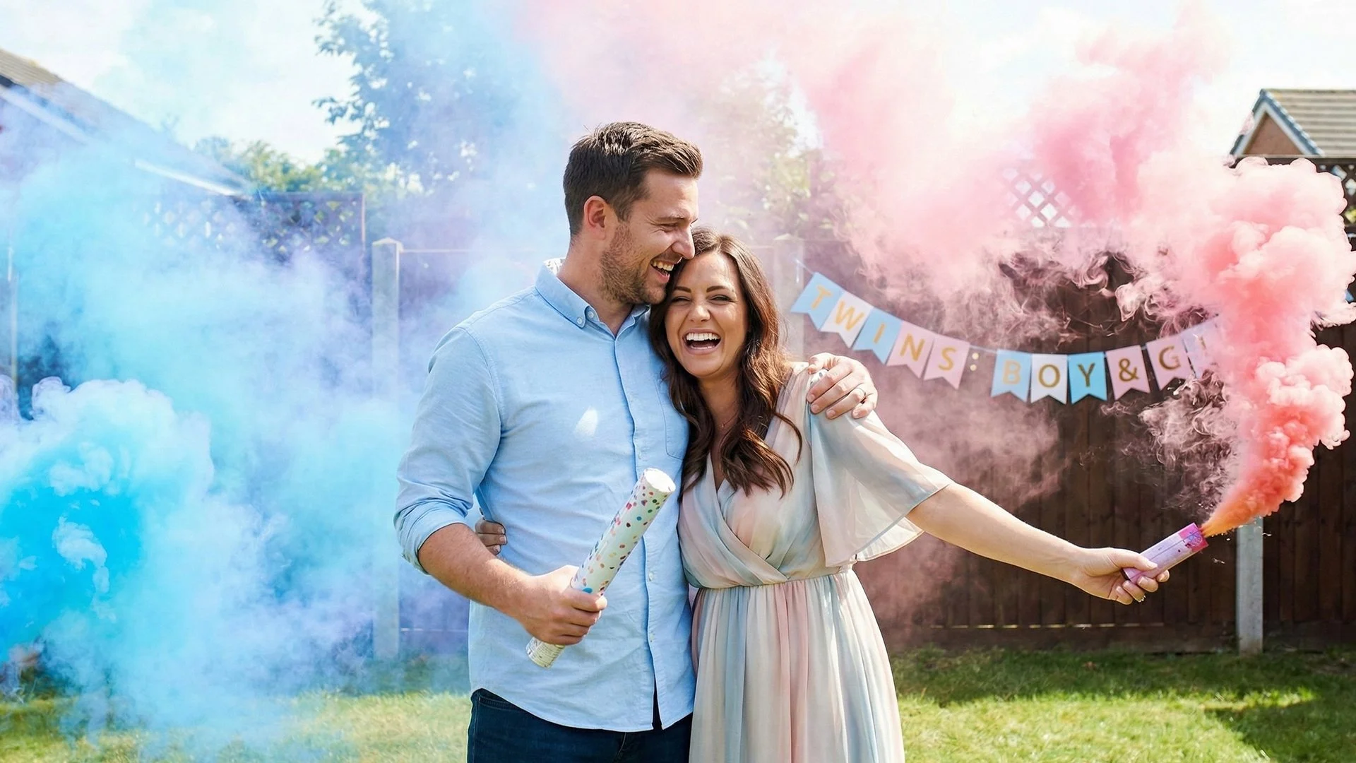 RSVP para chá revelação, casal feliz com fogos de fumaça coloridos azul e rosa, comemorando gravidez, com uma faixa de aniversário de menino e menina ao fundo.