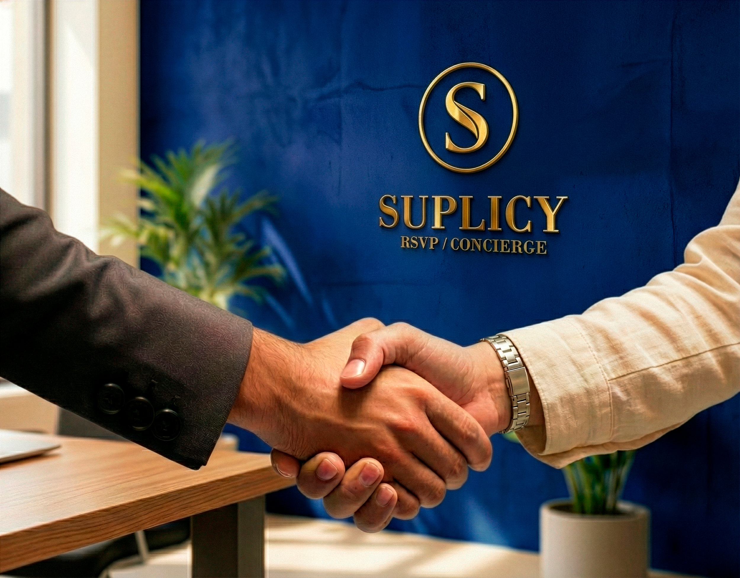 Aptidão de duas pessoas apertando as mãos em um escritório, com um painel azul ao fundo exibindo o logo e o nome 'SUPLICY RSVP / CONCIERGE'.