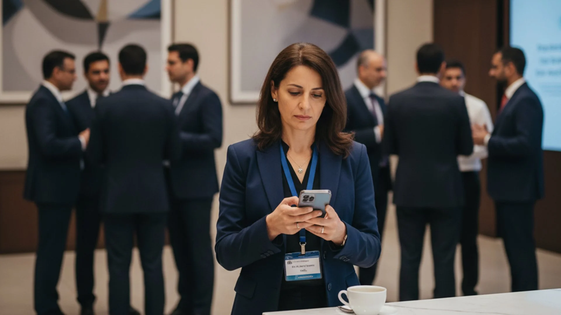 suplicy rsvp concierge- Mulher concierge em uma conferência com outros profissionais ao fundo.