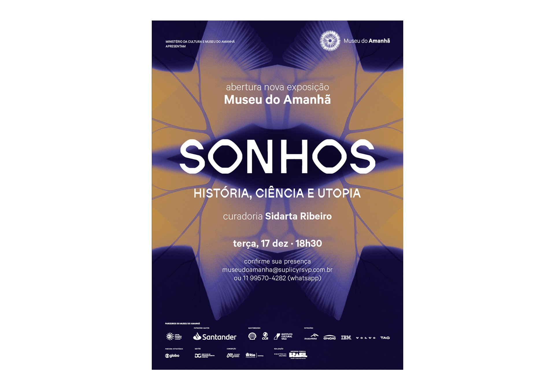 Cartaz divulgando nova exposição do Museu do Amanhã intitulada "Sonhos: História, Ciência e Utopia", com detalhes do evento em 17 de dezembro às 18h30, curadoria de Sidarta Ribeiro, informações para confirmação de presença e logos de patrocinadores n