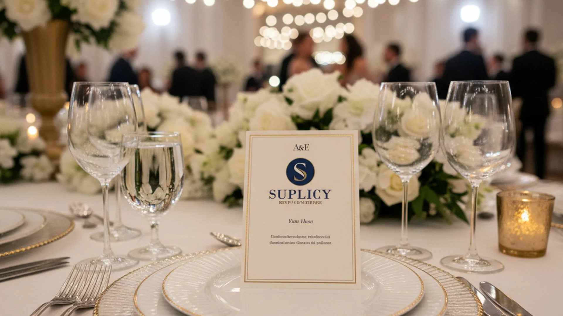 RSVP Mesa de casamento decorada com várias taças de água e vinho, um cardápio em destaque e um arranjo de flores brancas ao fundo.