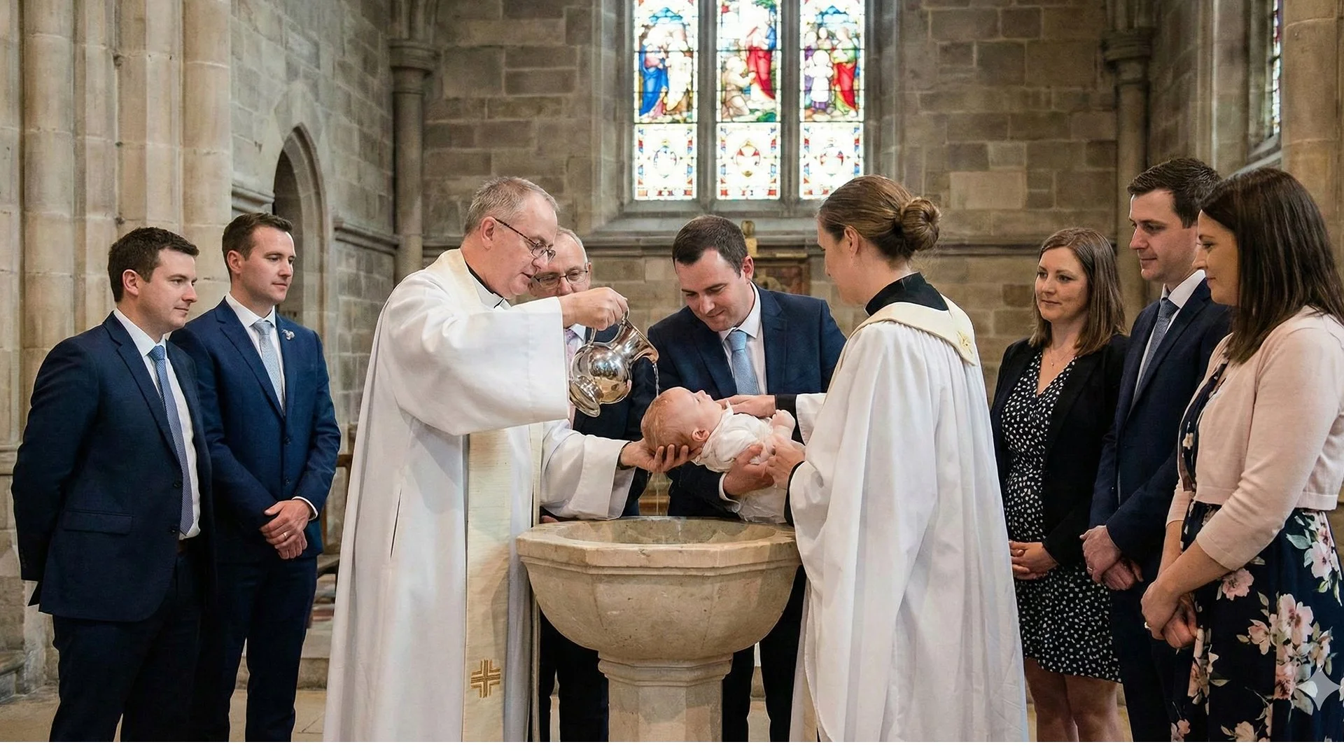 RSVP para batizados, cerimônia de batismo em uma igreja, com um bebê sendo batizado por um padre e uma mulher ao lado com vestes de cerimônia, cercados por familiares e amigos.
