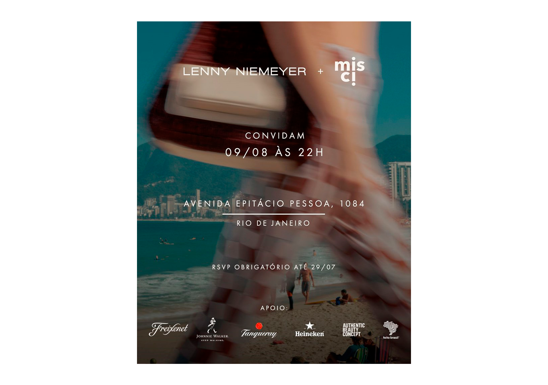 Cartaz de evento com fundo de praia de Copacabana e pessoa com mochila, com textos sobre data, hora e local do evento, apoiadores e patrocinadores.