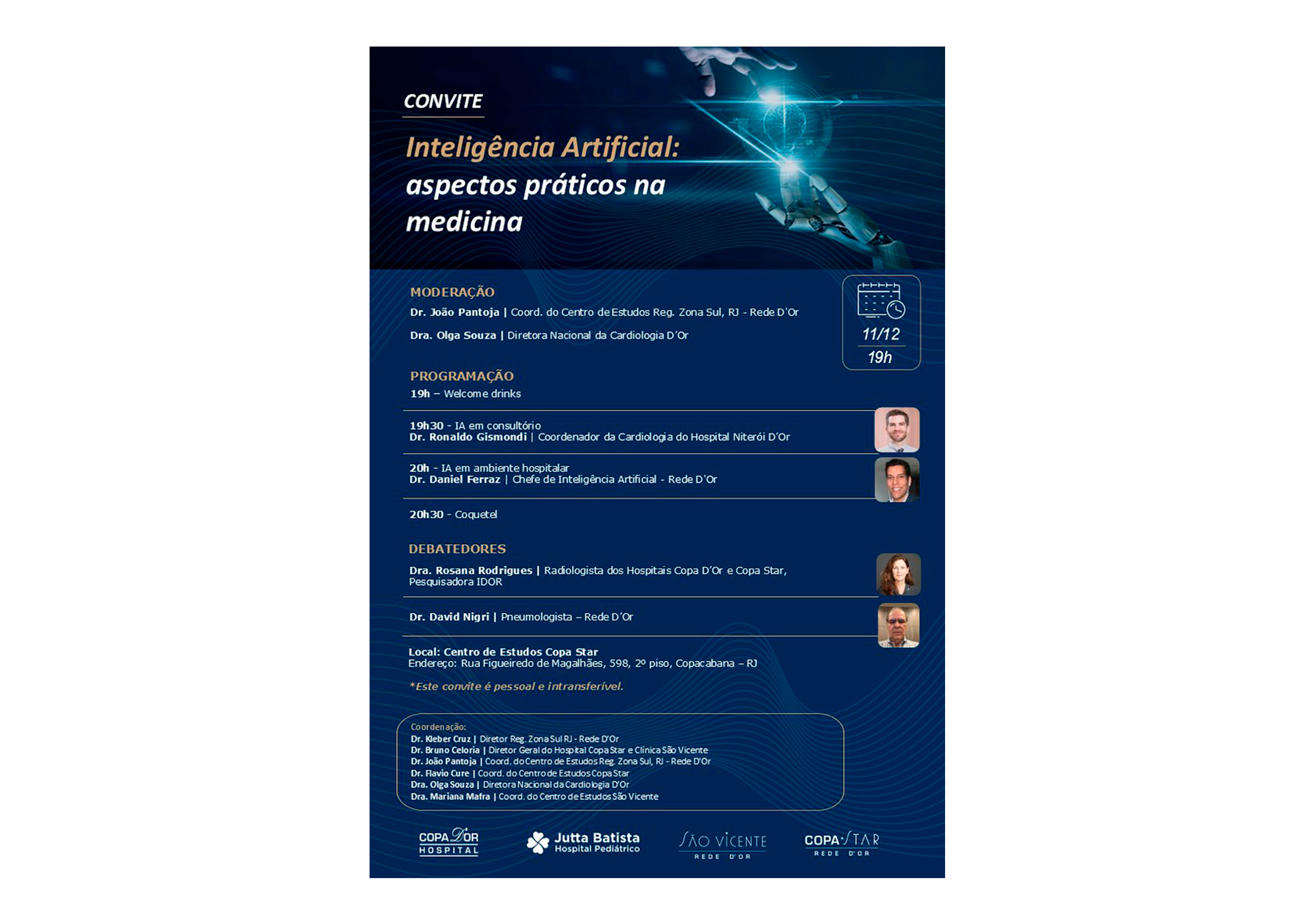 Convite para evento sobre inteligência artificial na medicina, com programação e nomes dos moderadores e debatedores, local, data, horário, e logos de apoiadores.