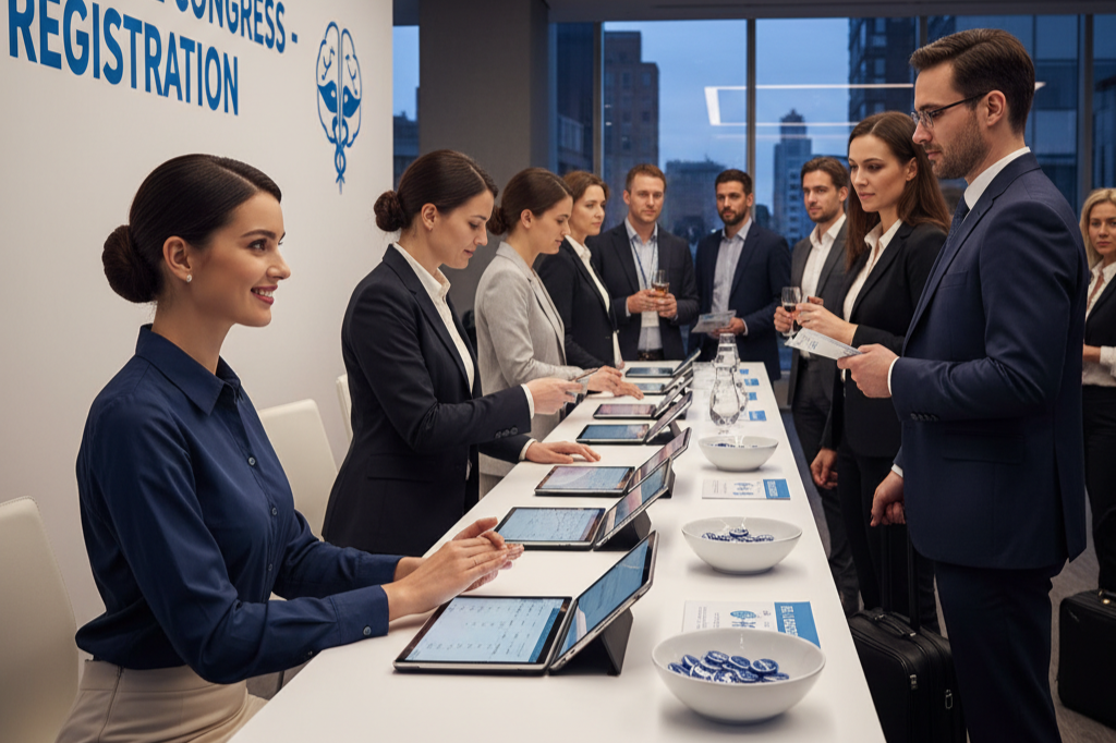 Recepção de evento corporativo com credenciamento e tablets, RSVP e precisão logística