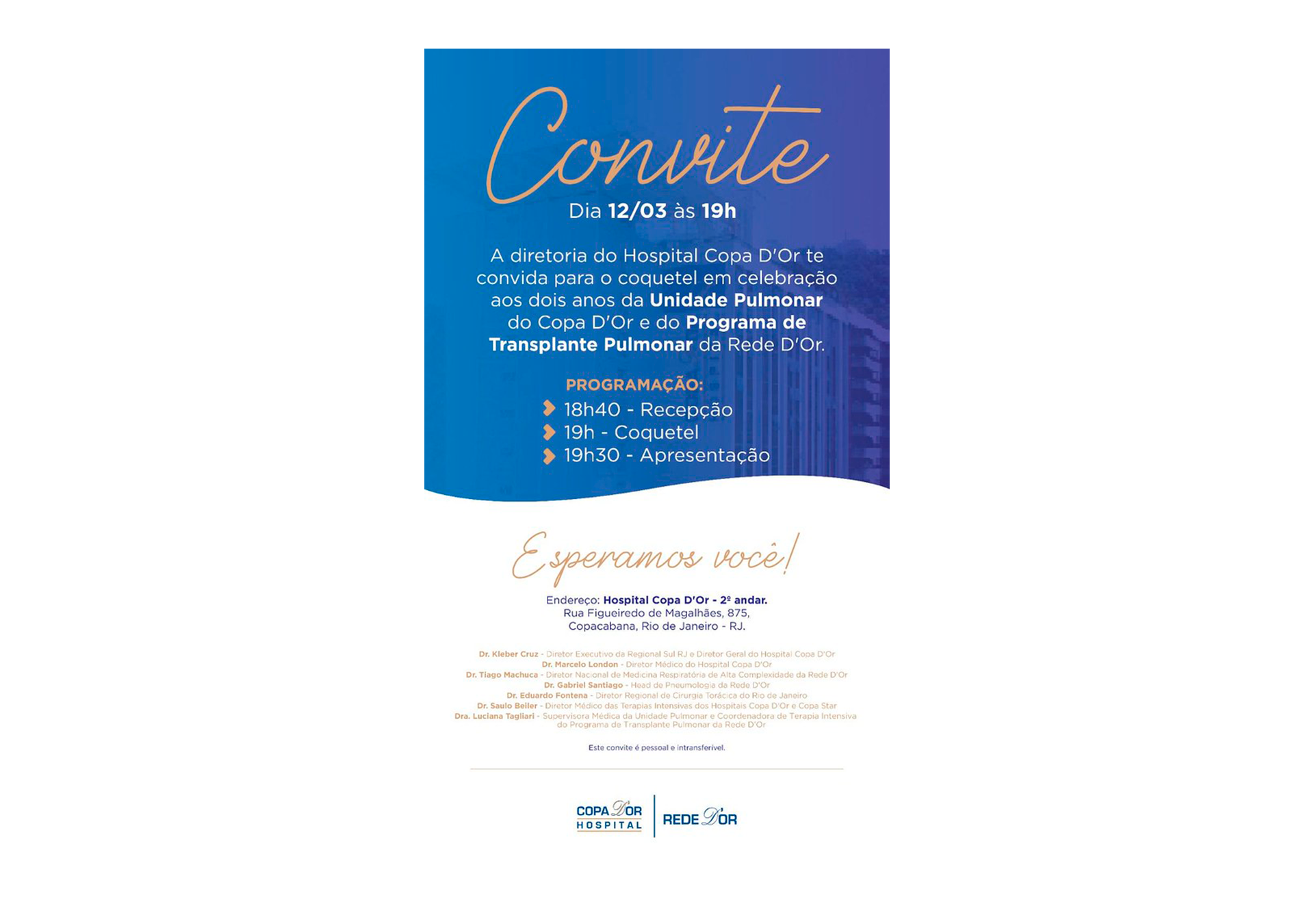 Convite para coquetel no Hospital Copa D'Or no dia 12 de março às 19h, celebrando dois anos da Unidade Pulmona e do Programa de Transplante Pulmonar, com programação detalhada e endereço, com logos do Hospital Copa D'Or e da Rede D'Or.
