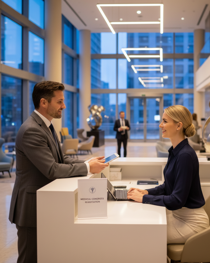 Concierge recebendo executivo VIP em balcao de evento, concierge para eventos corporativos