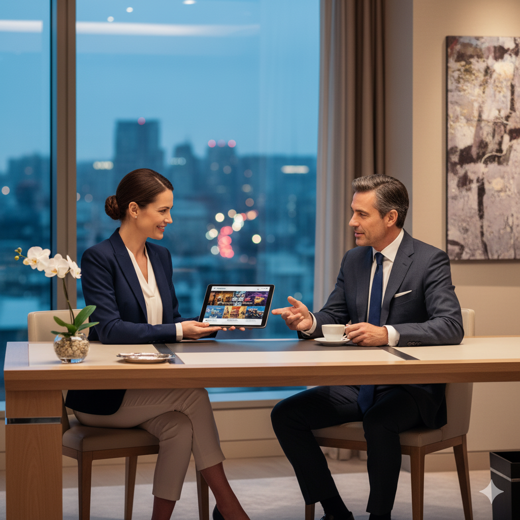 Homem e mulher de negócios sentados a uma mesa, na sala de uma reunião, com uma vista de cidade ao fundo, discutindo algo enquanto ela mostra um tablet.