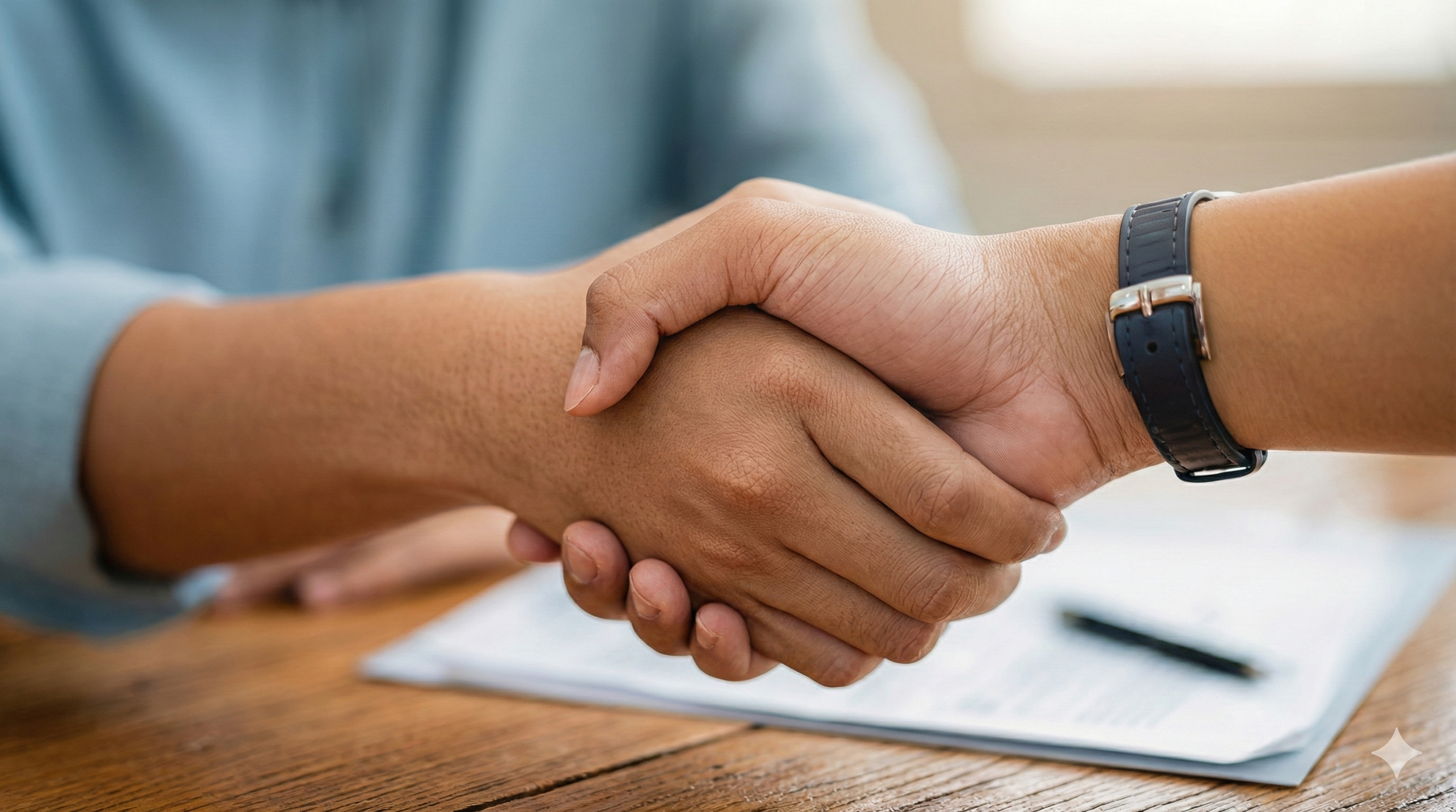 RSVP. Aperto de mão entre duas pessoas, uma de relógio de pulso preto, sobre uma mesa de madeira com papel e caneta ao fundo