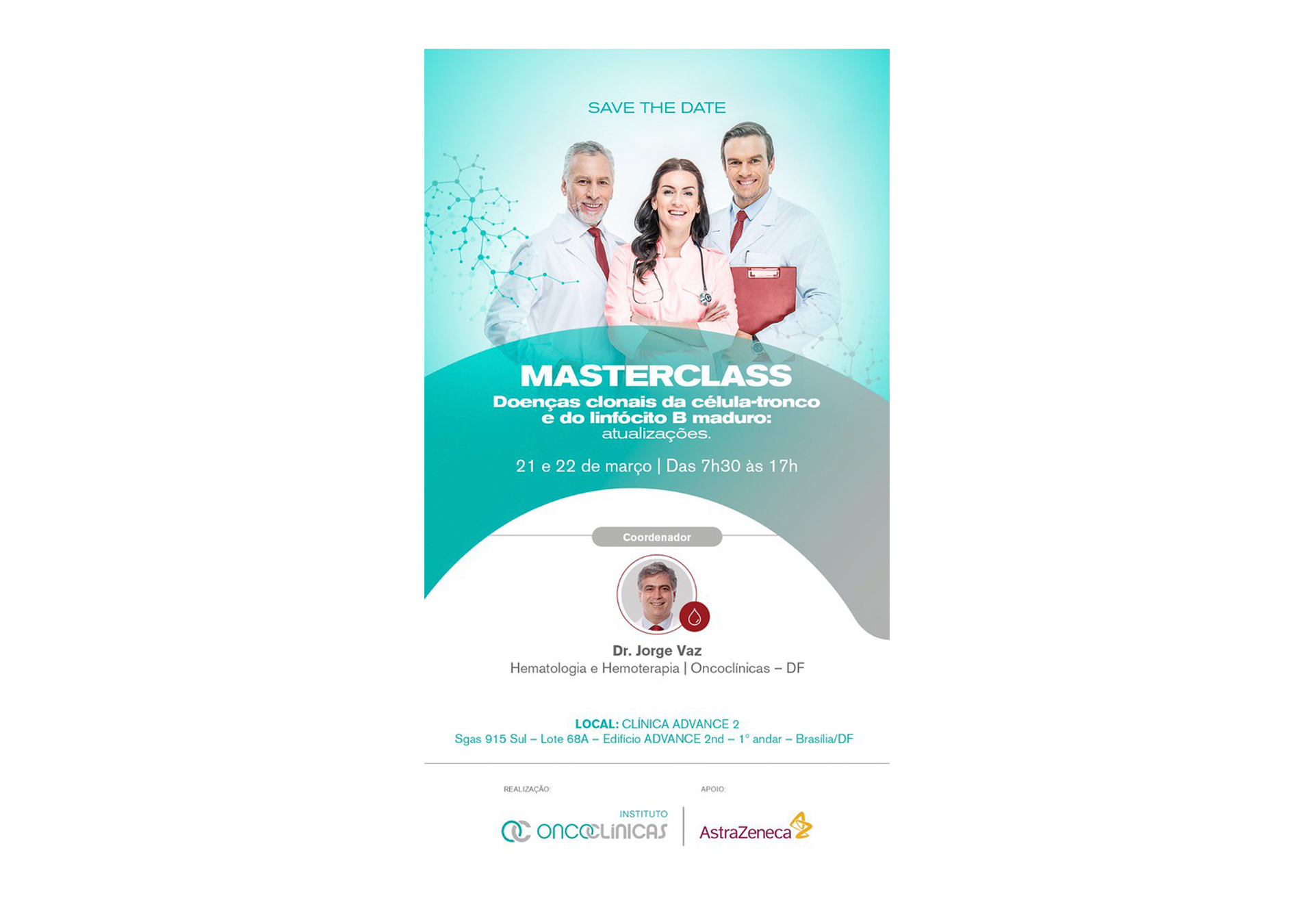 Cartaz de convite para uma masterclass sobre doenças clonais da célula-tronco e linfócito B maduro, com informações de data, horário, local e coordenador, além de logos do Instituto OncClinicas e AstraZeneca.