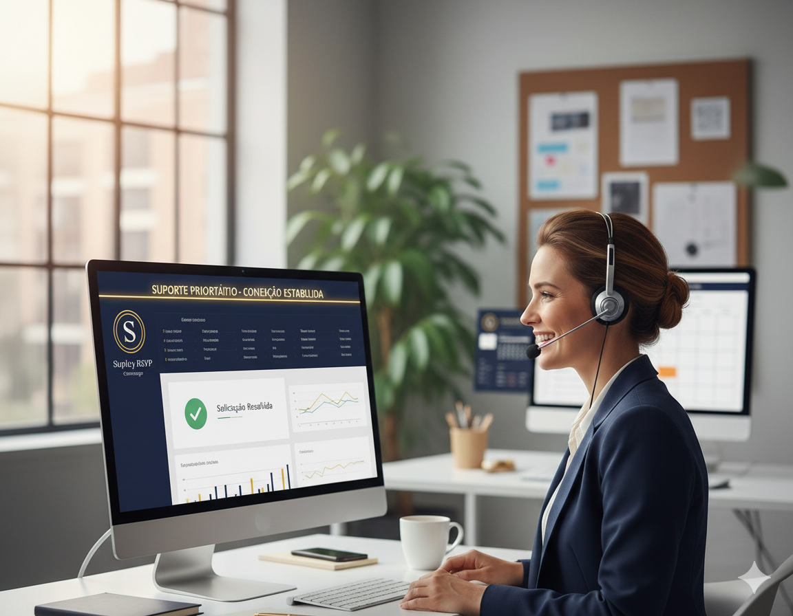 Mulher sorridente usando fone de ouvido, sentado em mesa de escritório com computador, relatórios financeiros na tela, ambiente claro com janela grande ao fundo.