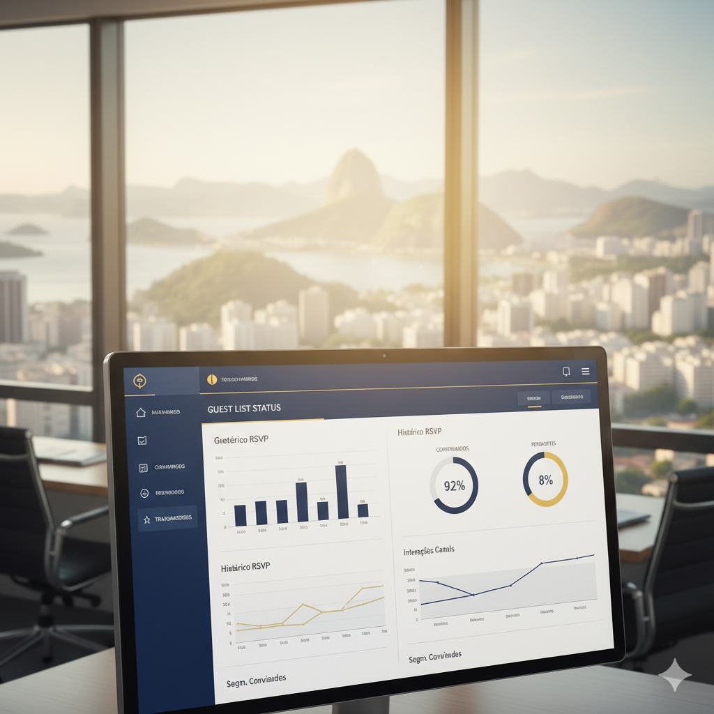 Tela de monitor exibindo gráficos de dados em um escritório com vista para uma cidade ao pôr do sol.