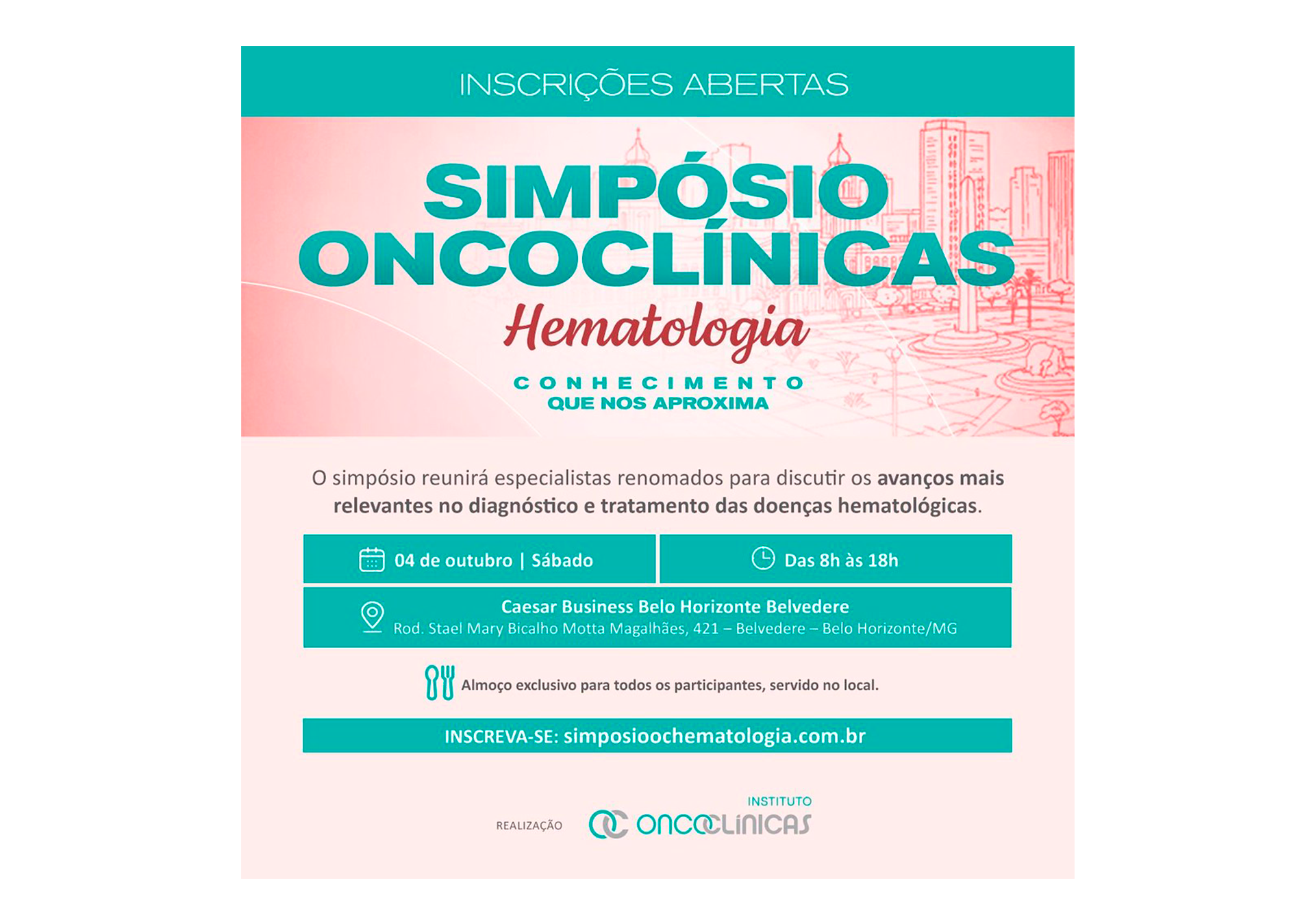 Cartaz de convite para o Simpósio Oncológicas de Hematologia, com data, horário, local, informações de inscrição e logotipos de instituições apoiadoras.