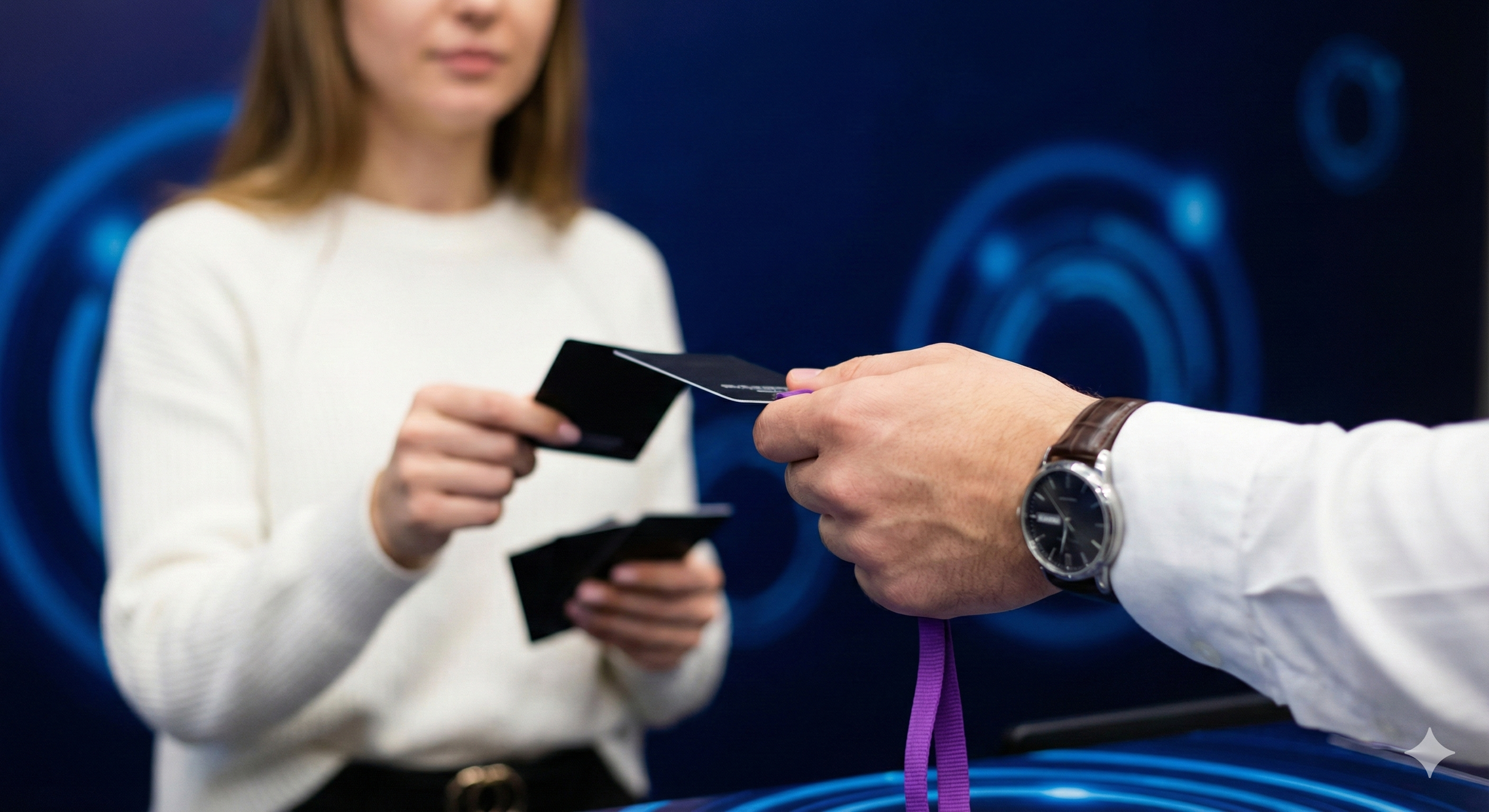 	
RSVP. Pessoa entregando um cartão, aparentemente de crédito ou débito, a outra pessoa, com fundo escuro e elementos de tecnologia azul.