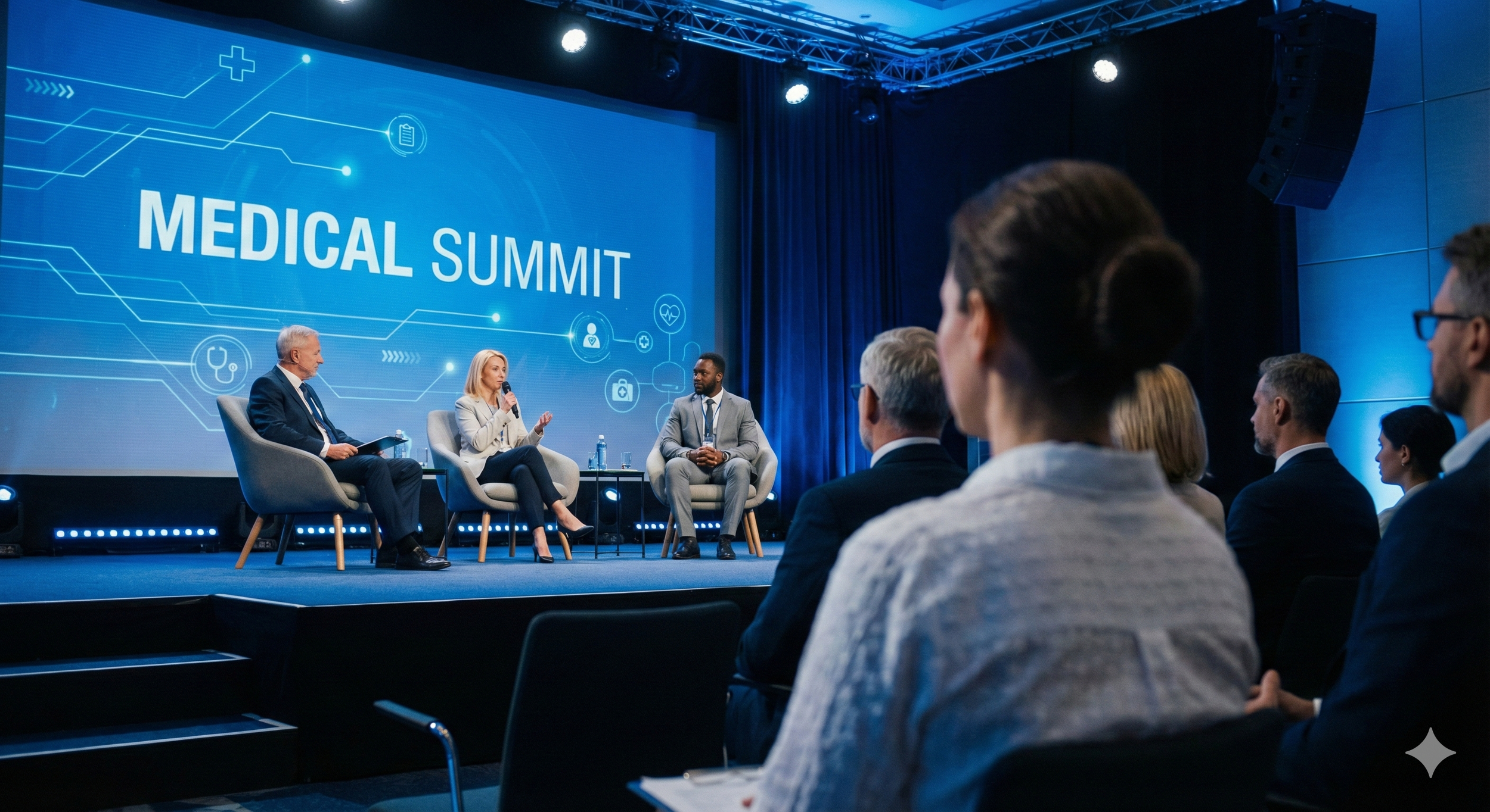 	
evento da industria farmaceutica da suplicy rsvp concierge. Painel de discussão na conferência Medical Summit com três painelistas no palco e uma audiência assistindo.