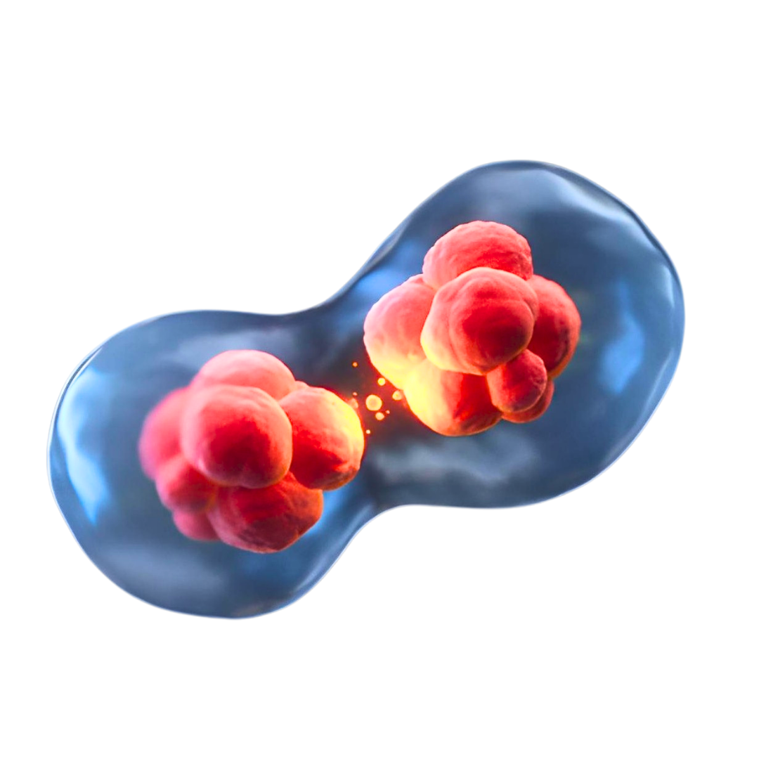 Microscopic view of a cell division process, with two cells exchanging biological material in a digital illustration.