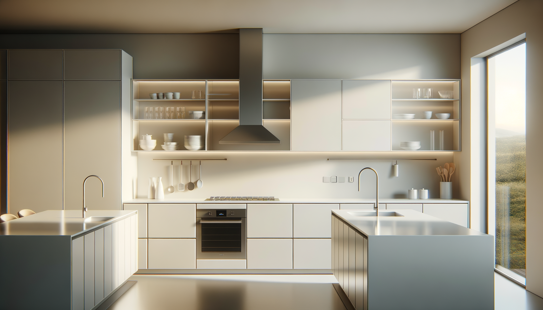 Modern, minimalist kitchen with white cabinets, open shelving with dishes, a stainless steel range hood, and a kitchen island with a sink, next to a large window with sunlight illuminating the space.