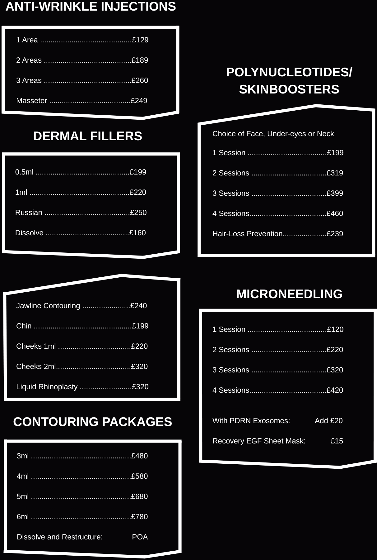 Pricing menu for cosmetic treatments including anti-wrinkle injections, dermal fillers, polynucleotides/skin boosters, microneedling, and contouring packages. Prices are listed for various sessions and packages.