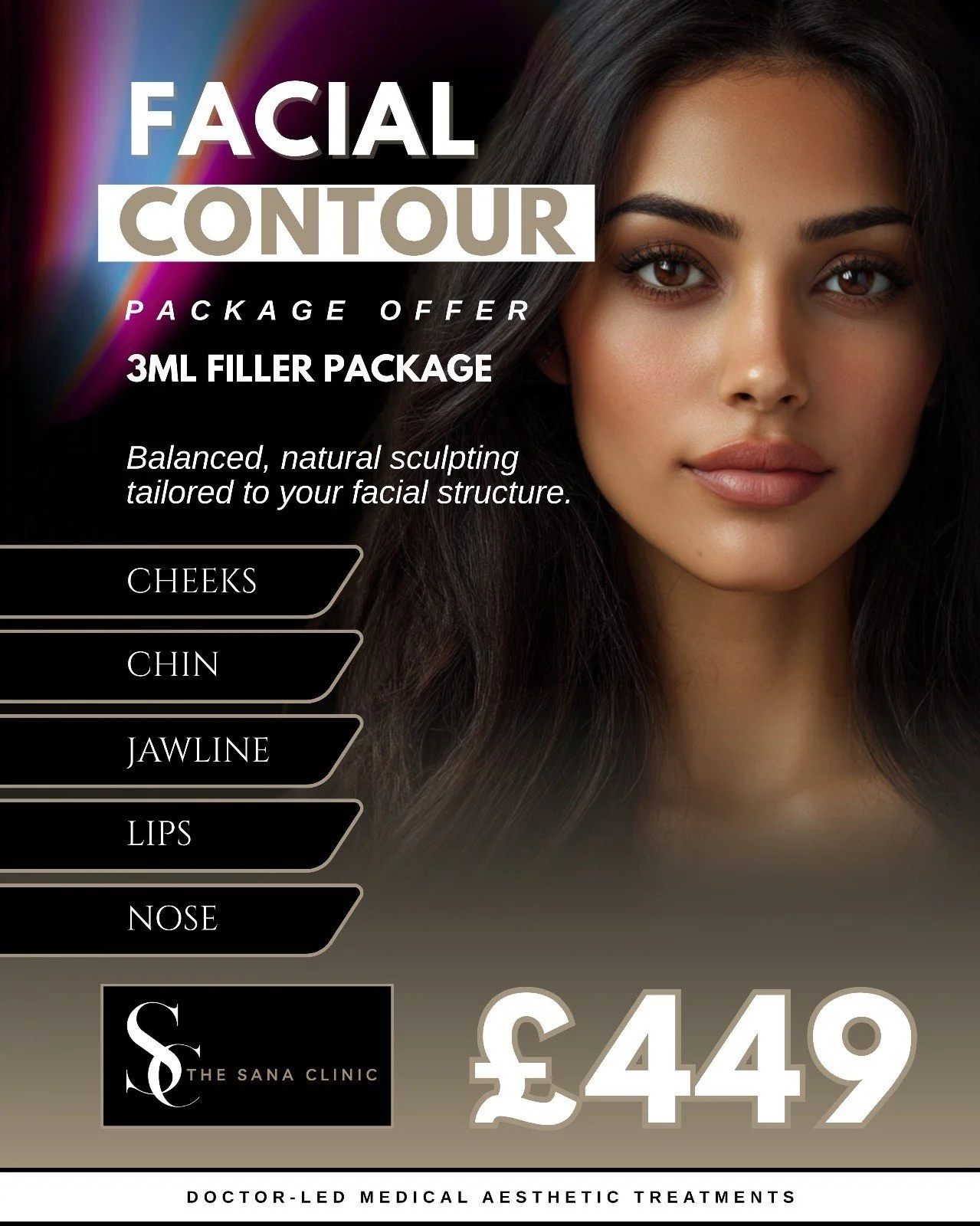 Advertisement for facial contour package at The Sana Clinic, offering 3ml filler for $449, with features such as balanced, natural sculpting tailored to facial structure, with a list of targeted areas including cheeks, chin, jawline, lips, and nose.