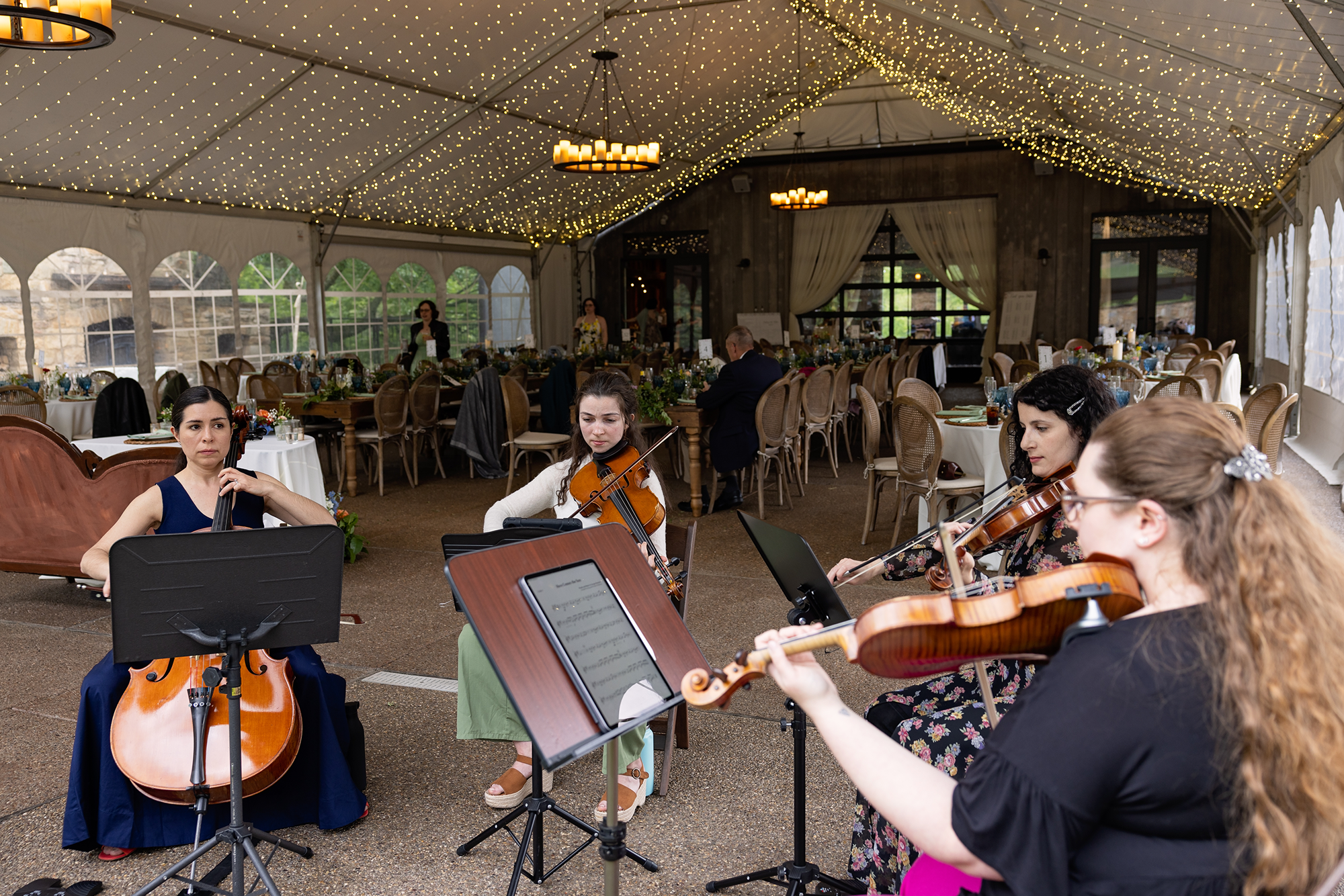 Radiant Strings performs inside a large decorated tent with string lights.