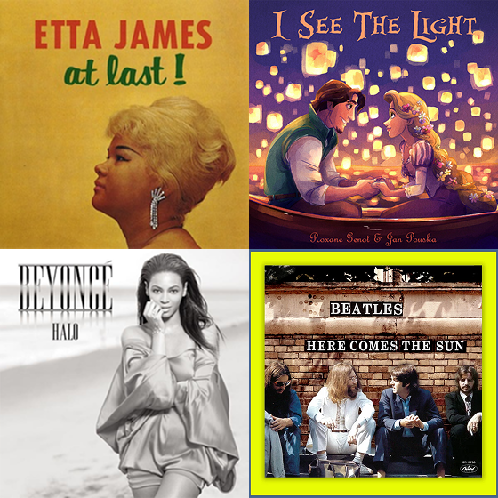 A collage of four albums including Etta James, Disney's Tangled, Beyonce, and The Beatles.