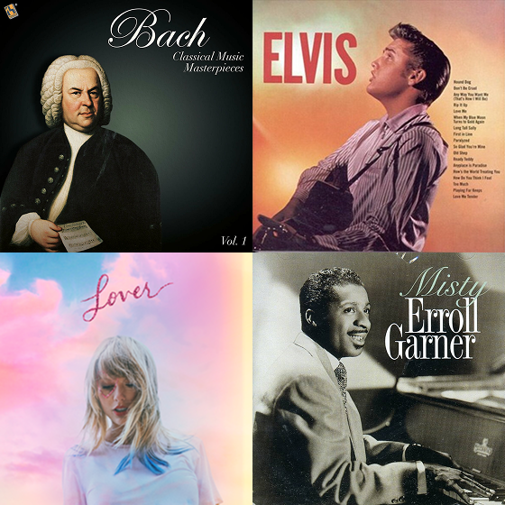 A collage of four album covers including Bach, Elvis Presley, Taylor Swift, and Erroll Garner.