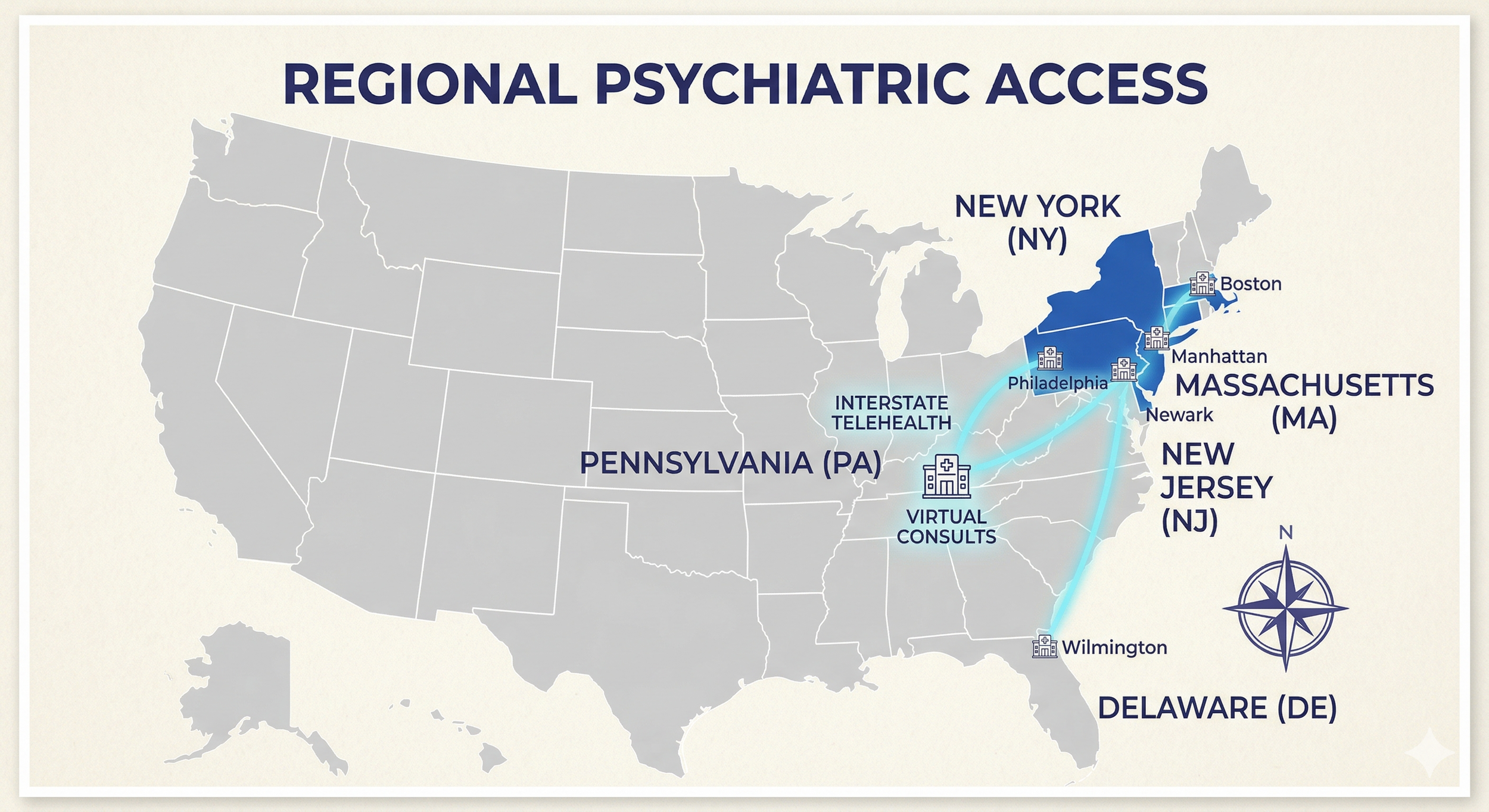 Map of Thomas Scary MD's multi-state virtual psychiatry practice covering PA, NJ, NY, MA, and DE.