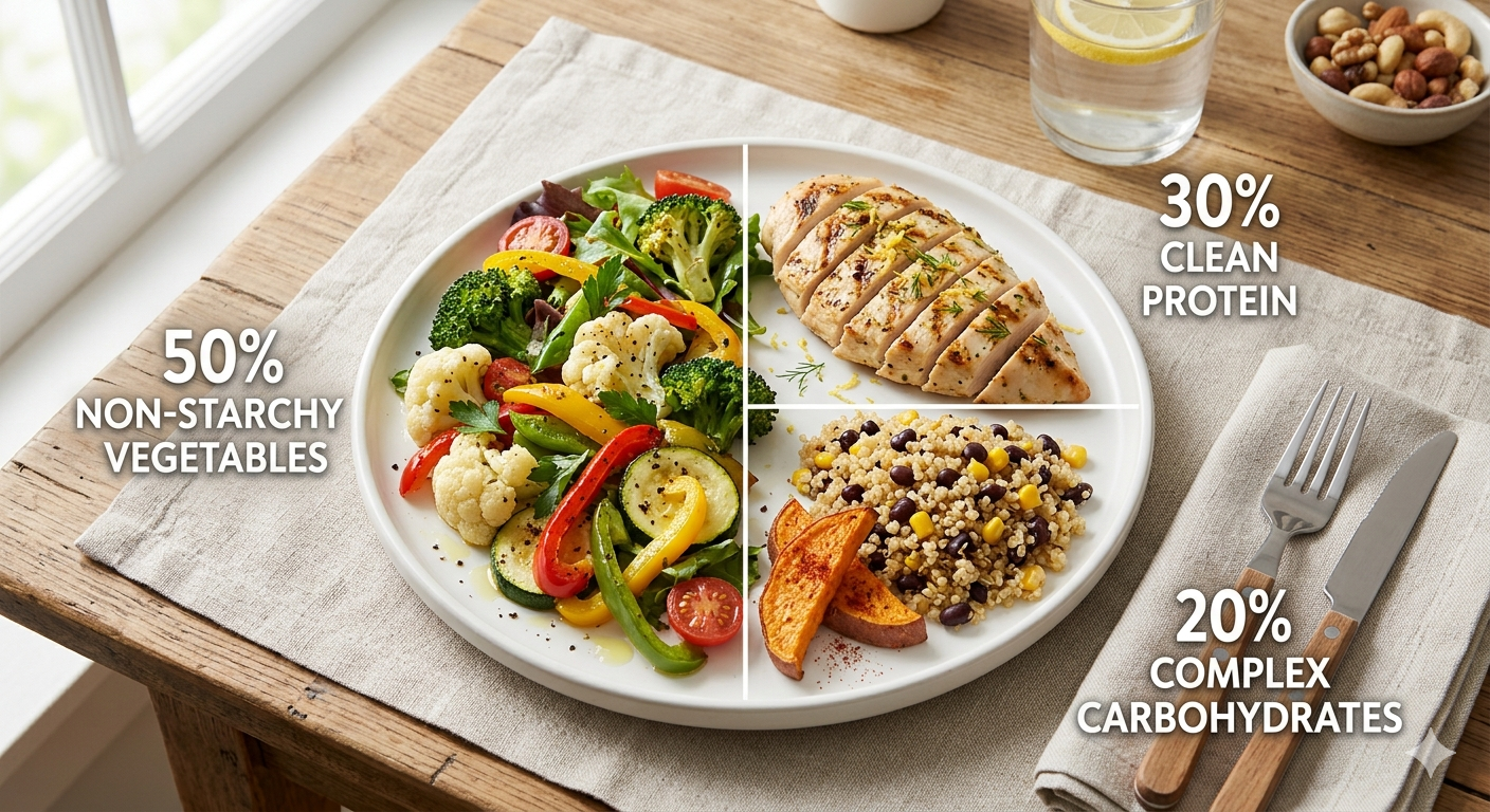 A divided plate with a colorful mixed vegetable salad, grilled chicken breast, and quinoa with black beans and corn. Annotations indicate the meal is 50% non-starchy vegetables, 30% clean protein, and 20% complex carbohydrates. The plate is on a wooden table with a glass of lemon water and a bowl of mixed nuts nearby.