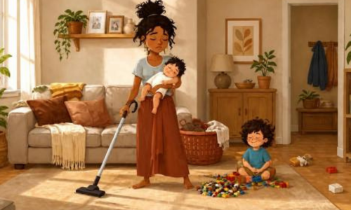 A woman vacuuming in a cozy living room with two children playing on the floor with toys. It takes a village part 2, blog post. Tracey Saxon, NBC-HWC. founder of Motivated and Successful LLC