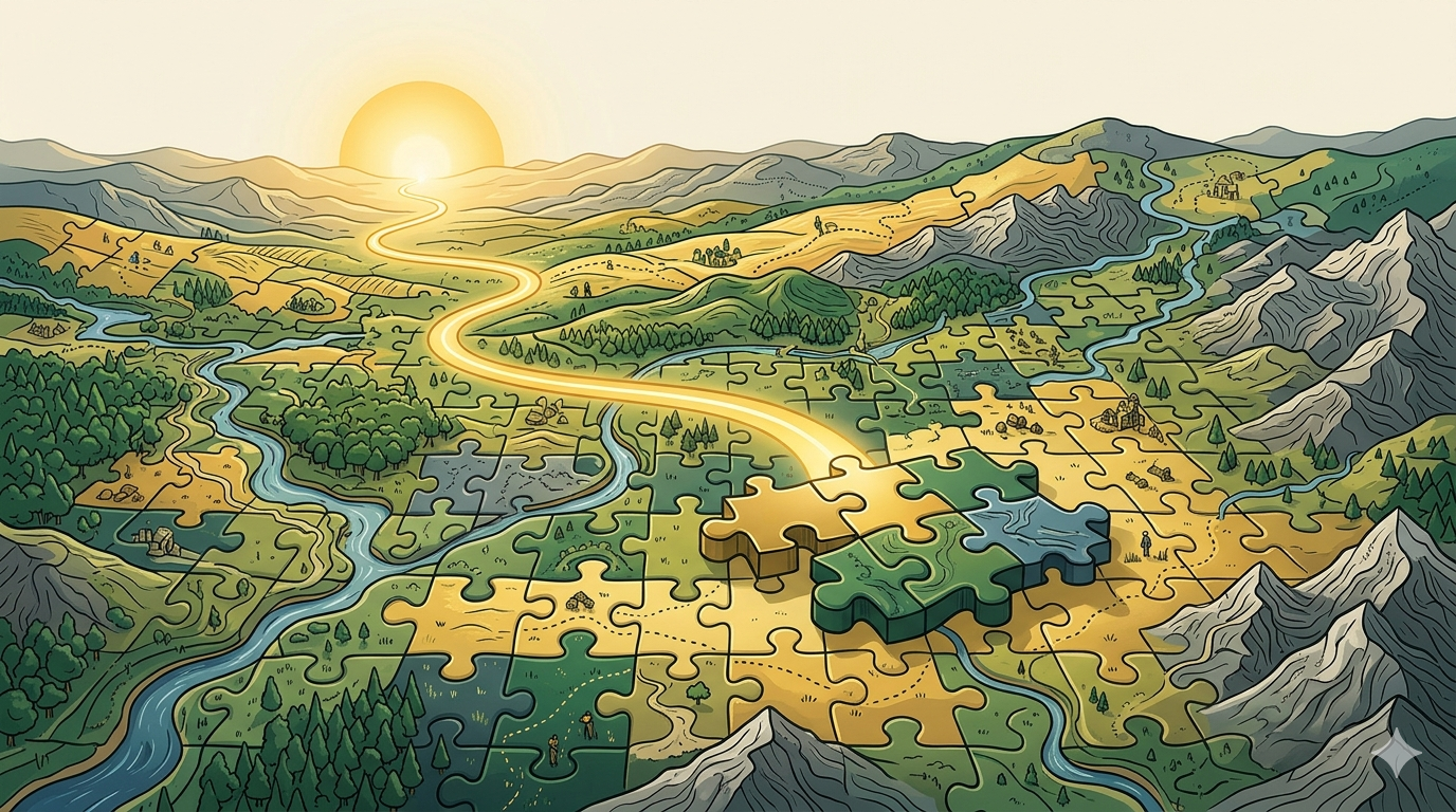 A scenic illustration of a puzzle piece landscape with a winding river, mountains, trees, and a setting sun in the background.