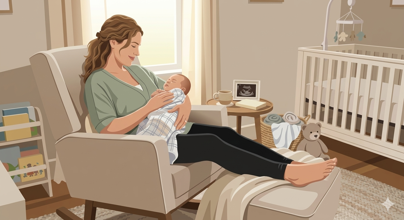 A woman sitting in a reclined chair holding a newborn baby, in a nursery room with a crib, baby toys, and a side table with a cup and ultrasound photo.