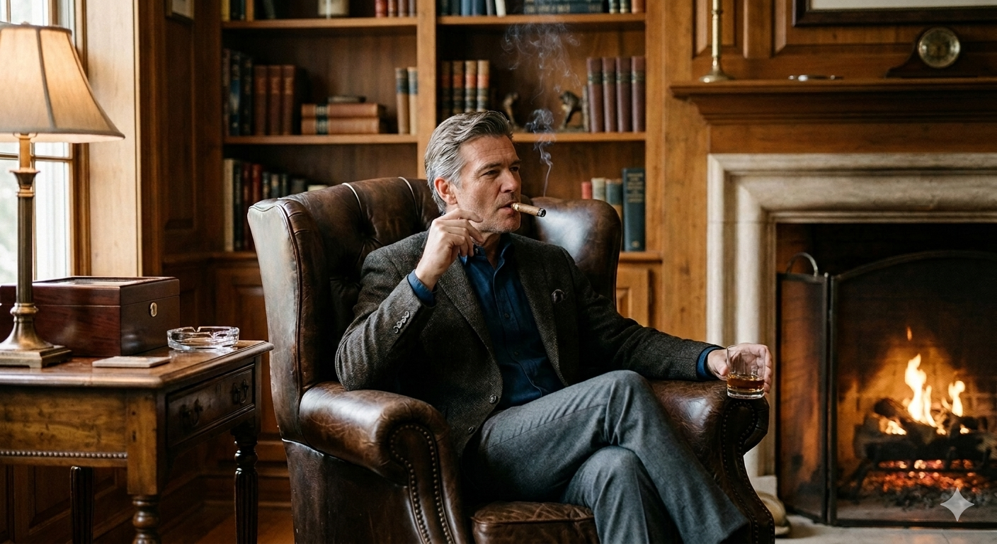 A man sitting in a leather armchair in front of a fireplace, smoking a cigar and holding a glass of liquor, with bookshelves filled with books in the background. Tracey Saxon, NBC-HWC, RCP, TTS.  founder of Motivated and Successful LLC
