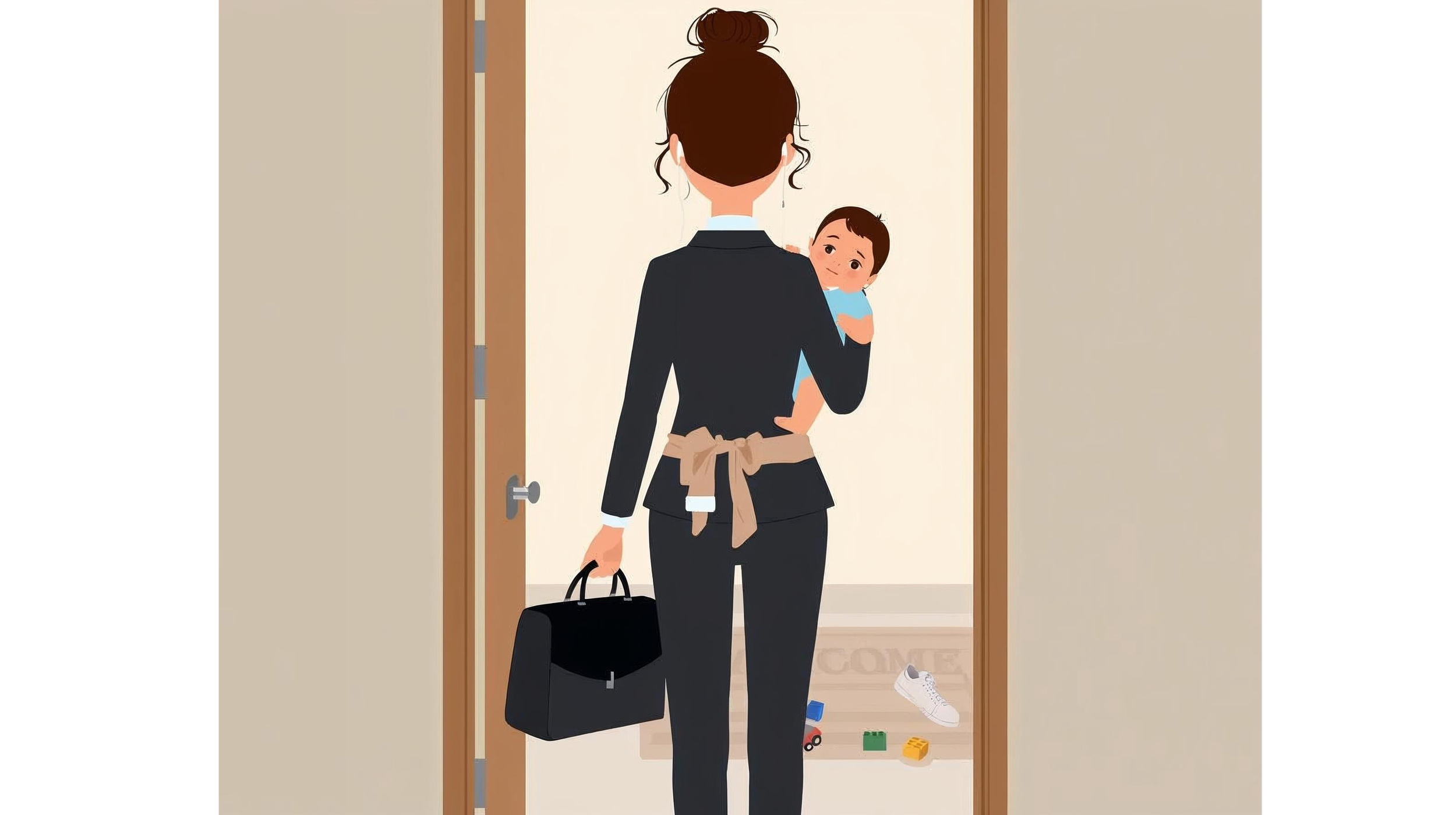A woman with her hair in a bun, dressed in a black suit, standing in front of an open door, holding a black bag in her right hand and a small black purse in her left hand, facing a child's bedroom with toys scattered on the floor, including a toy car, a yellow block, and a green block, and a white high-top sneaker.