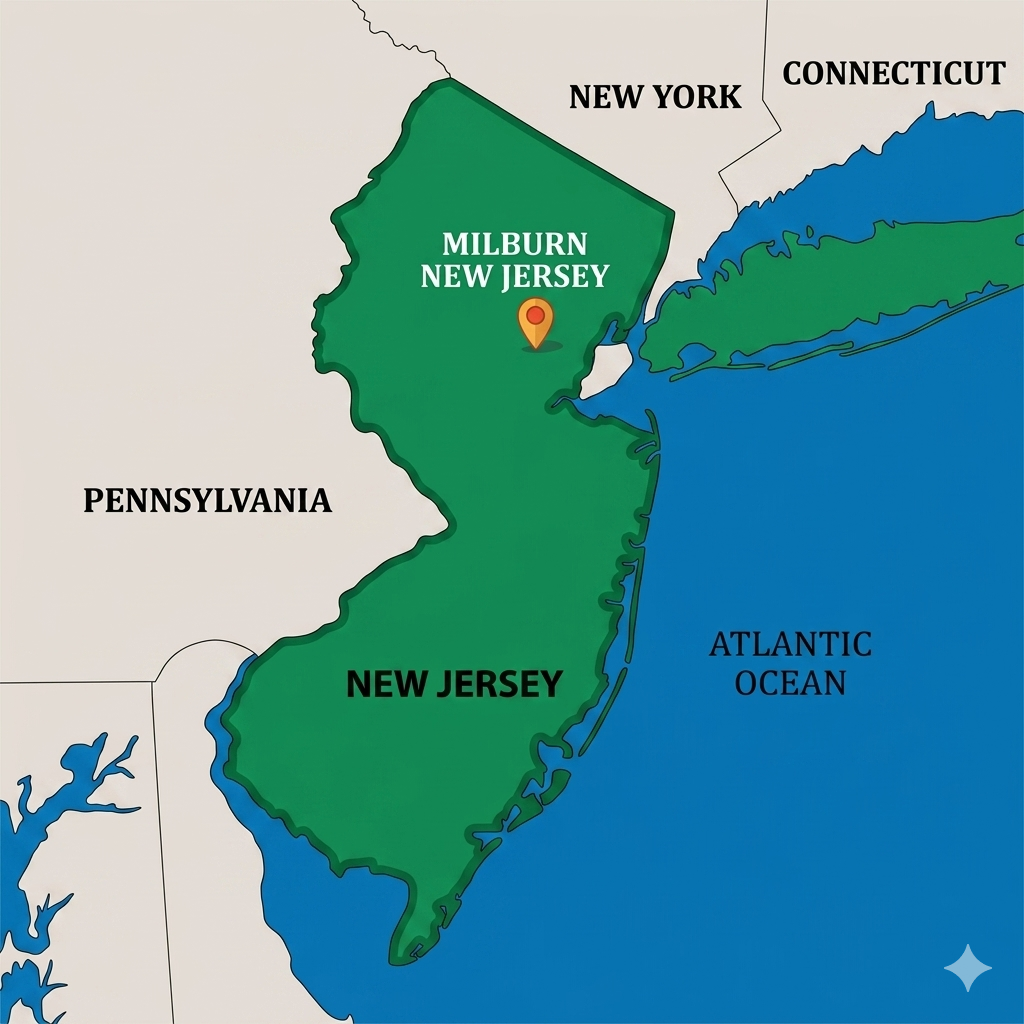 Map showing the northeastern states of the United States, highlighting New Jersey, with parts of Pennsylvania, New York, Connecticut, and the Atlantic Ocean labeled.