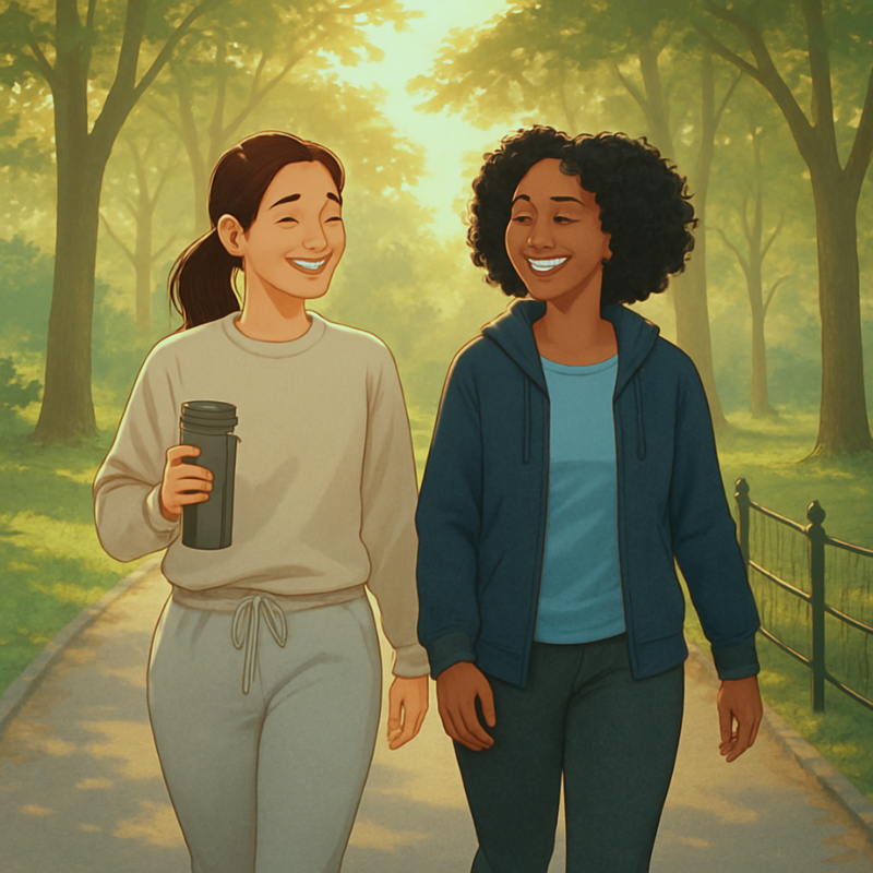 Two women walking and chatting in a park during sunny weather, with trees and a pathway in the background.