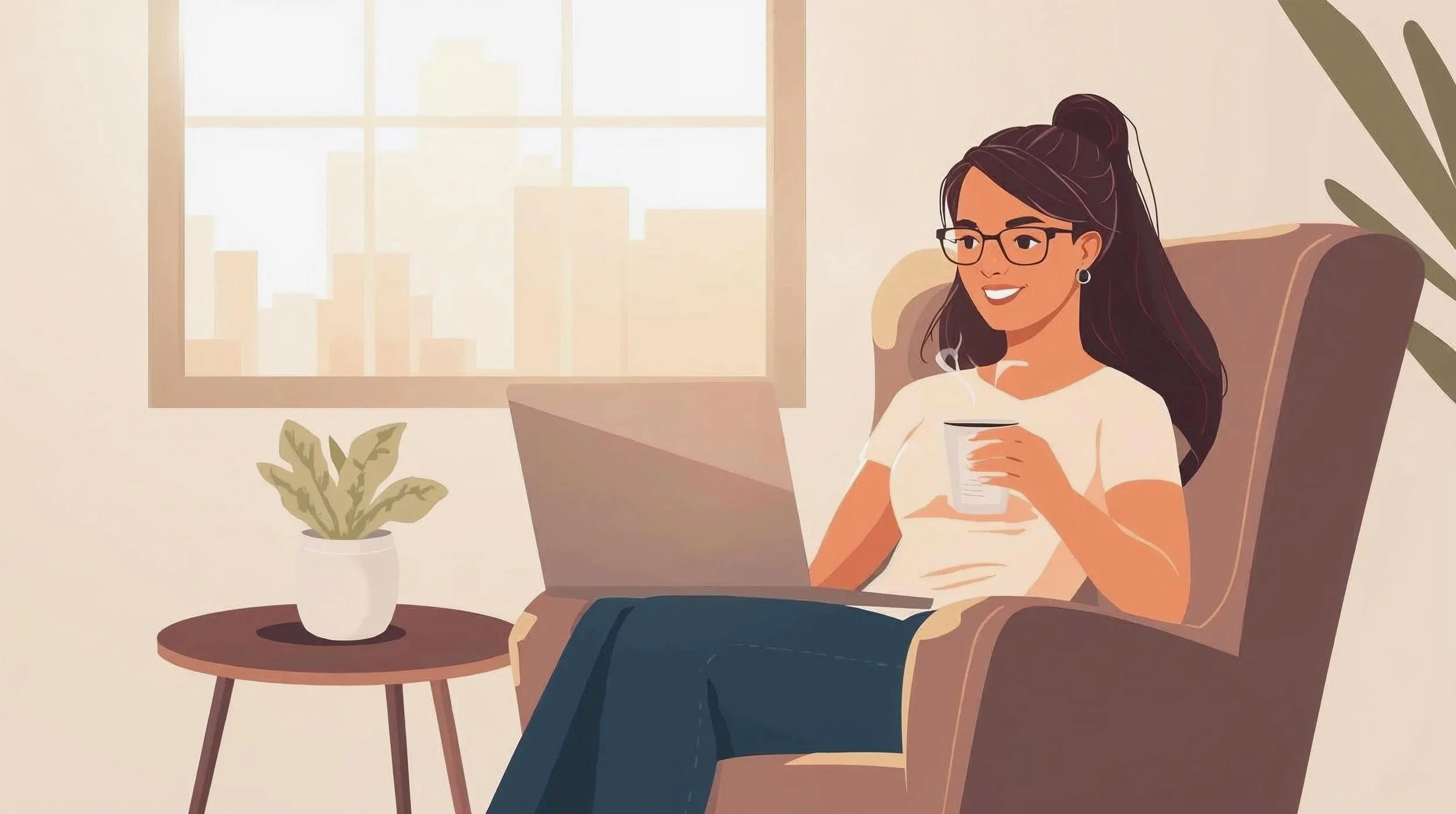 A woman with glasses sitting in a chair, holding a mug, working on a laptop, near a window with sunlight and a small potted plant on a side table.