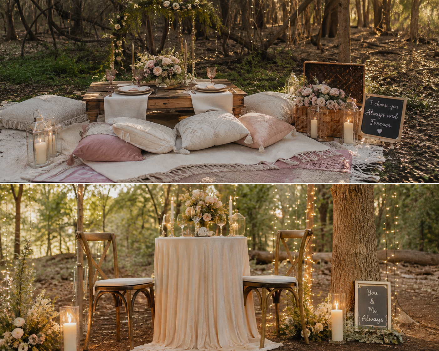 A romantic outdoor setup in a forest at sunset, featuring a cozy cushion and pillow seating area with a low wooden table set for a picnic style dinner. The table is decorated with floral centerpieces, candles, and glassware. Fairy lights are strung around in the background, creating a warm ambiance. A sign reads "I choose you. Always and Forever." In front, there is an elegant table with a tablecloth, chairs, floral arrangements, candles, and a sign that says "You & Me Always." The scene is decorated with flowers and candles, evoking a romantic, intimate atmosphere.