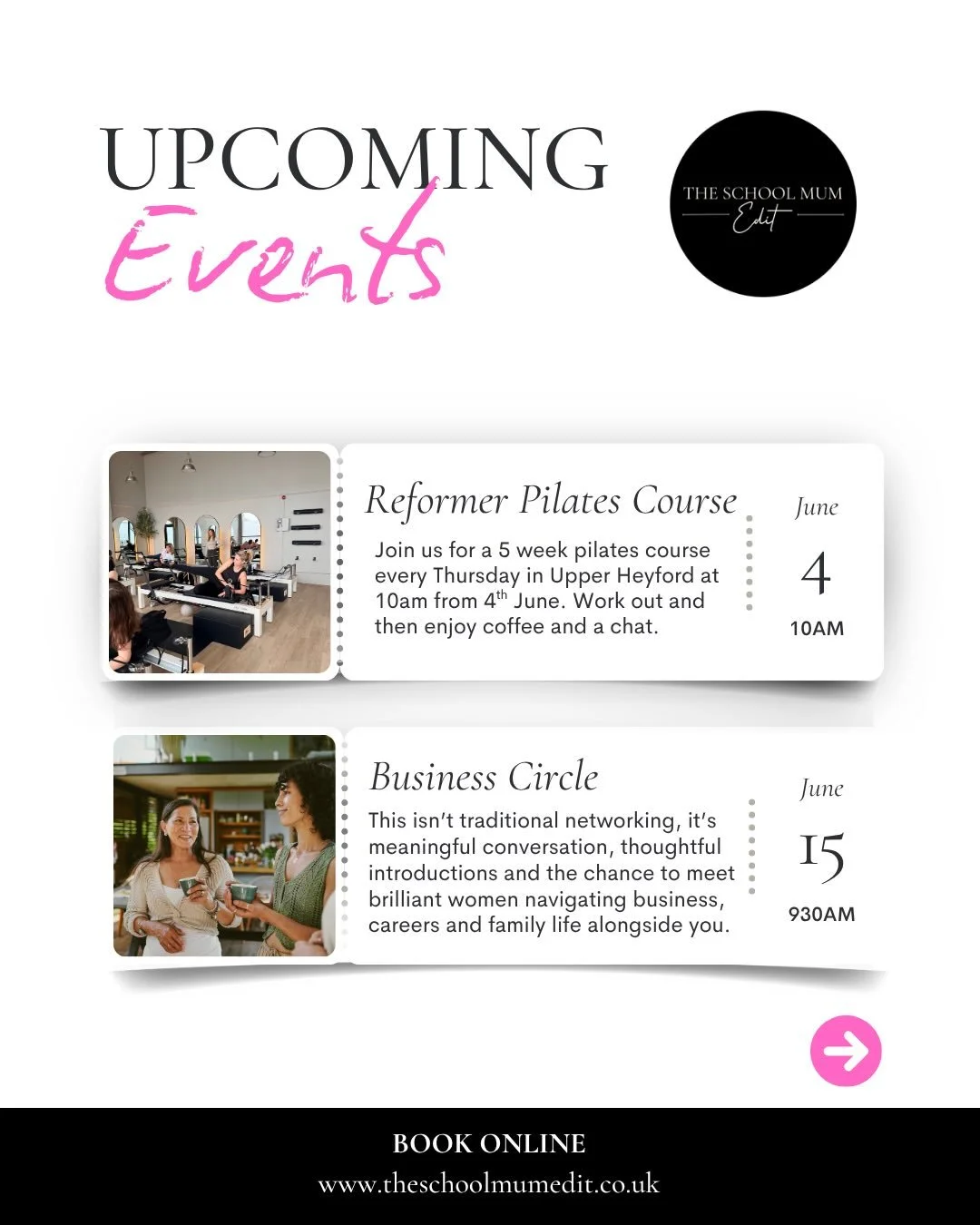🌟Upcoming Events! We can&rsquo;t wait for you to join us! Find out more ⬇️

🧘&zwj;♀️Reformer Pilates 5 week course 
When: 4th June 10-11am and for the following 4 Thursdays.
Where: @flowpilatesheyford 
Investment: &pound;25/session
ONLY 2 spaces le