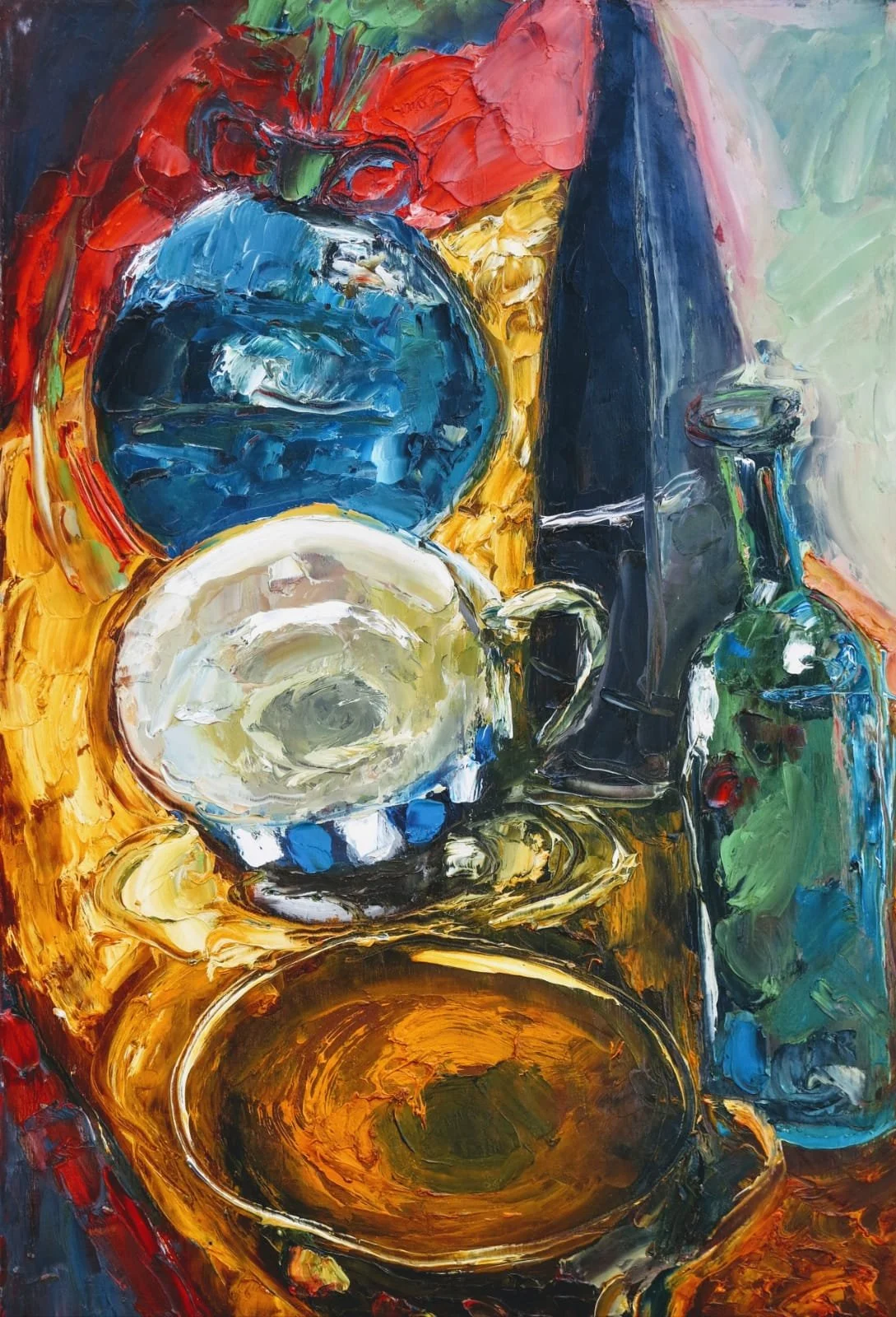 Still life on yellow table, oil on panel, 60x90cm