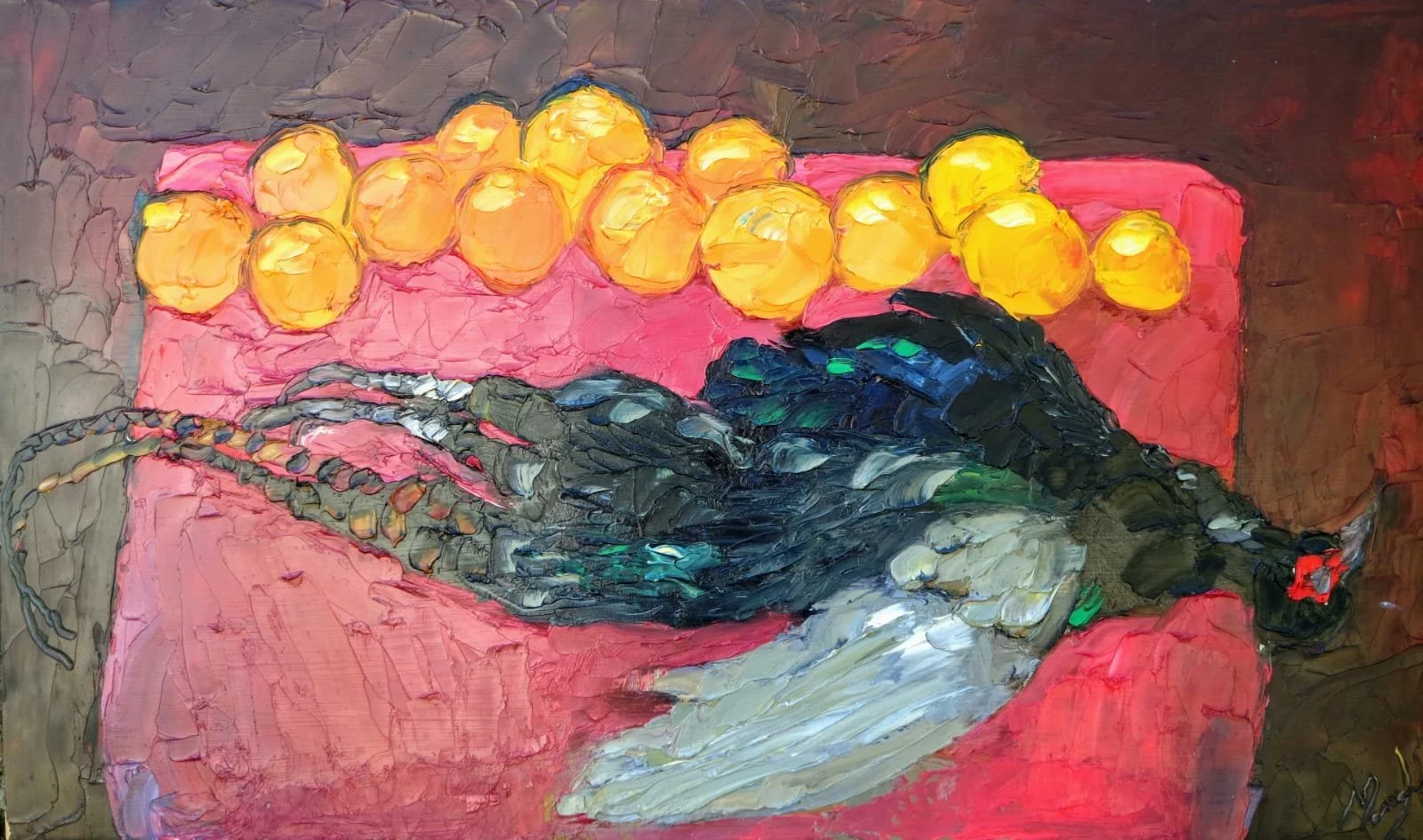 Pheasant and oranges, oil on panel, 77x44cm