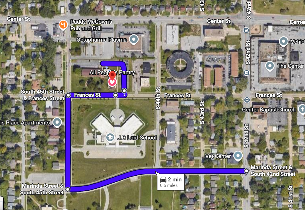 An image of Google Maps with the preferred route from 42nd & Marinda to 45th & Marinda, then north on 45th to France, east on Frances, and north into the Hanscom Park Church parking lot.
