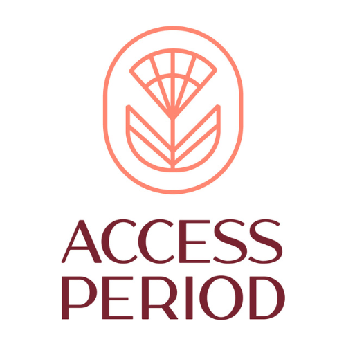 Access Period Logo. Includes a coral pink icon that's an outline of a floral motif with their organization name below in dark burgundy.