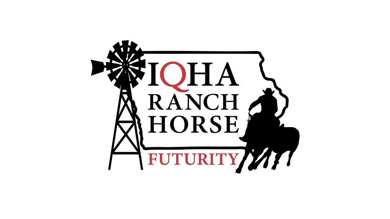 Logo of IQHA Ranch Horse Futurity featuring a windmill, outline of Iowa, roper riding a horse, and text in black and red.